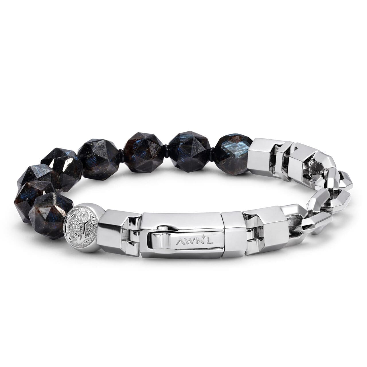 Nuummite Beaded Silver Half Cuban Chain Bracelet for Men | AWNL
