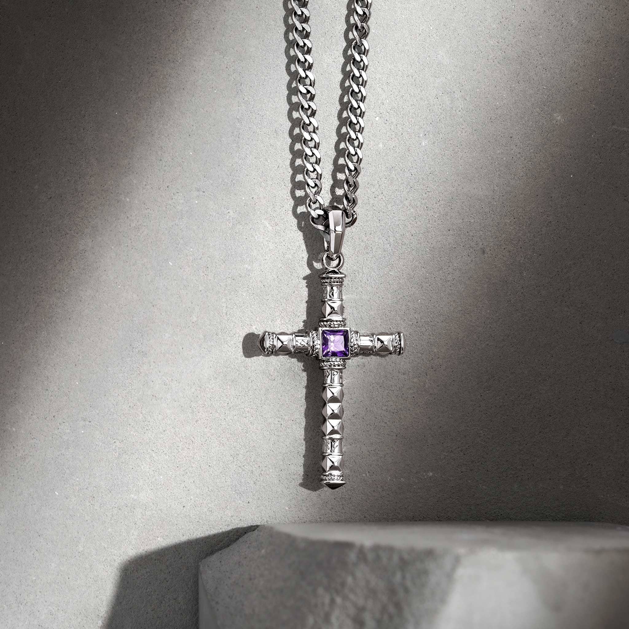 Runes-Engraved Amethyst Cross Necklace Necklaces AWNL 