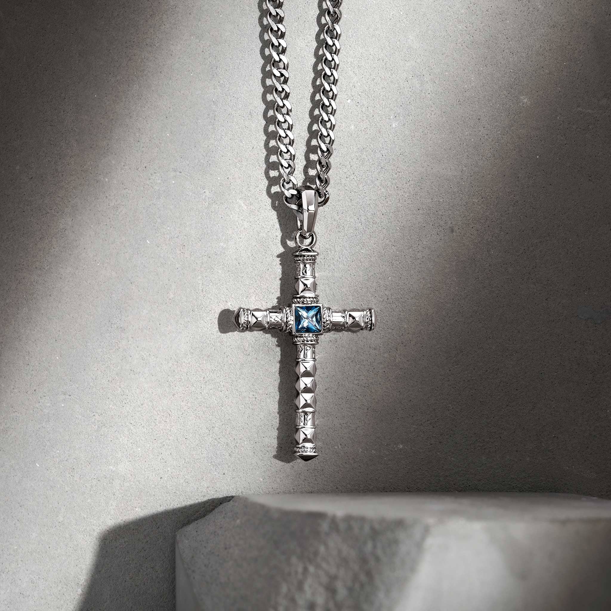 Runes-Engraved London Blue Topaz Cross Necklace Necklaces AWNL