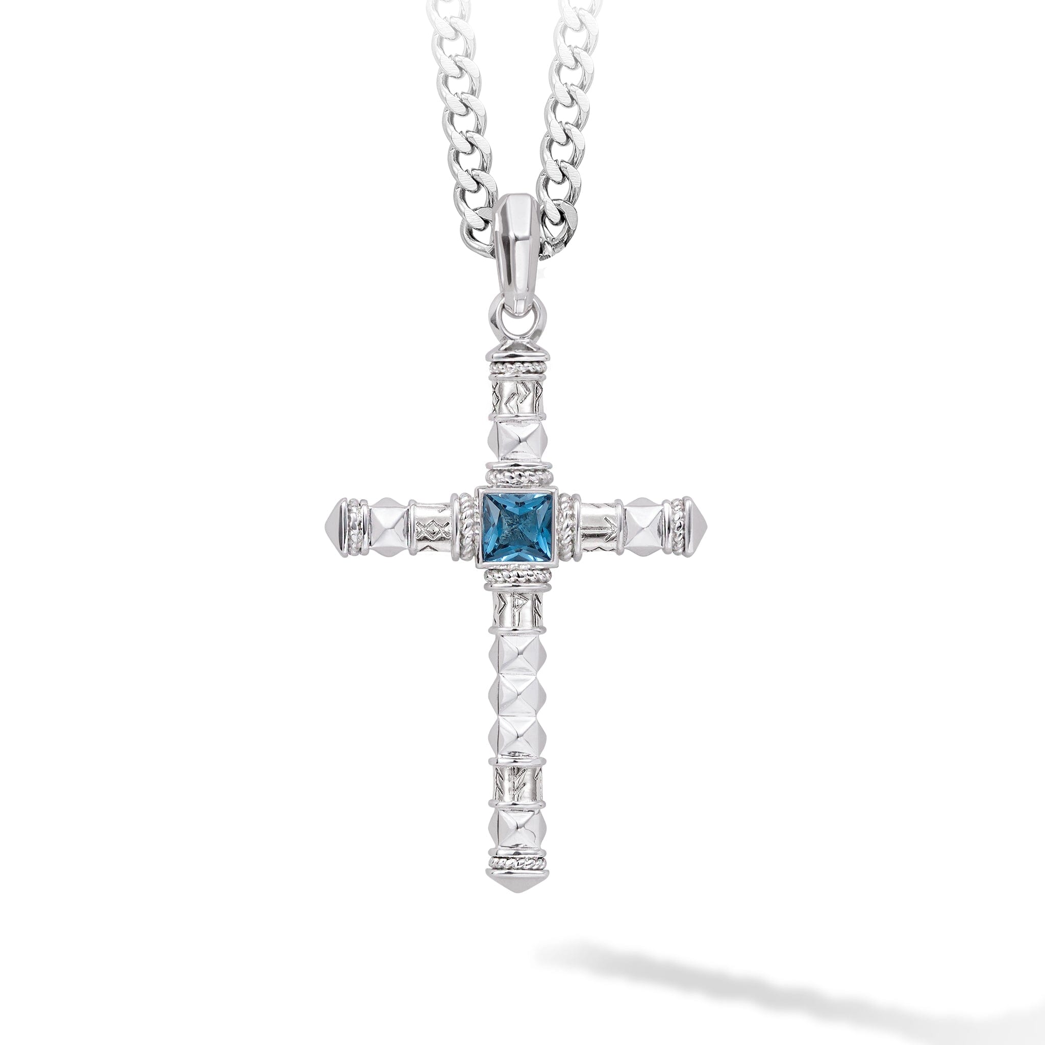 Runes-Engraved London Blue Topaz Cross Necklace Necklaces AWNL