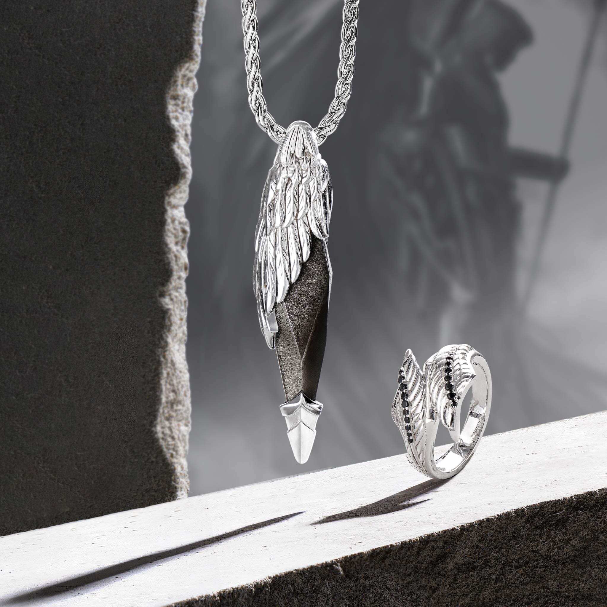 Seraph Wing Silver Obsidian Pendant Necklace Necklaces AWNL