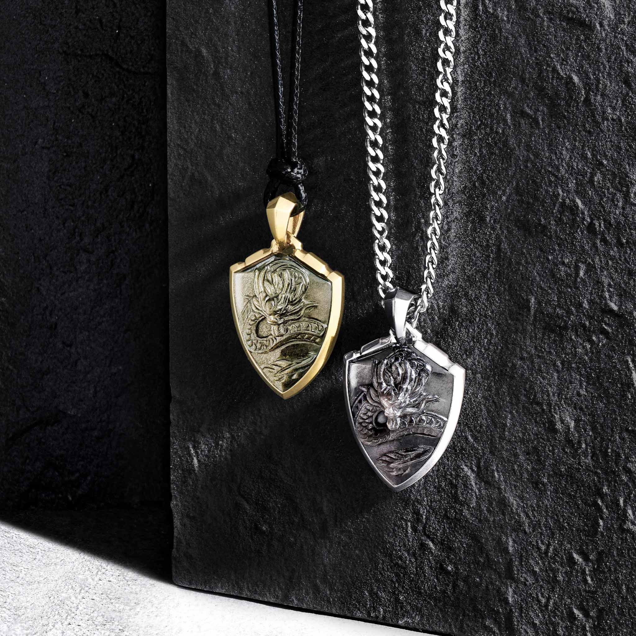 Silver Obsidian Dragon Pendant Necklace Necklaces AWNL