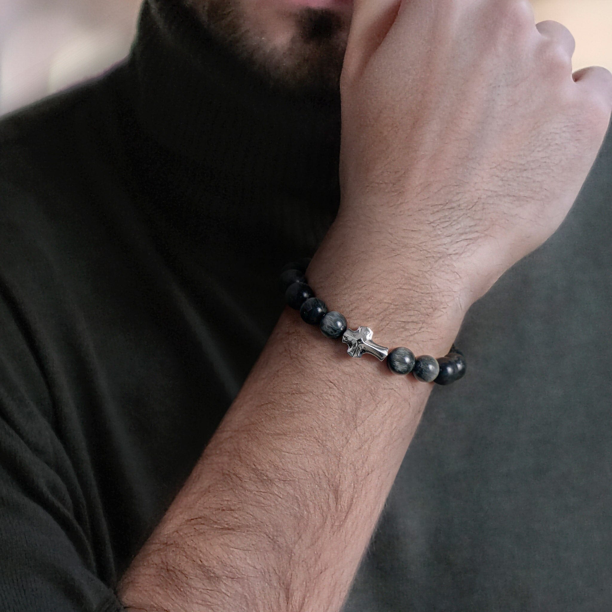 Men's Beaded Bracelet with Cross Charm and Grey Hawk Eye Bracelets WAA FASHION GROUP
