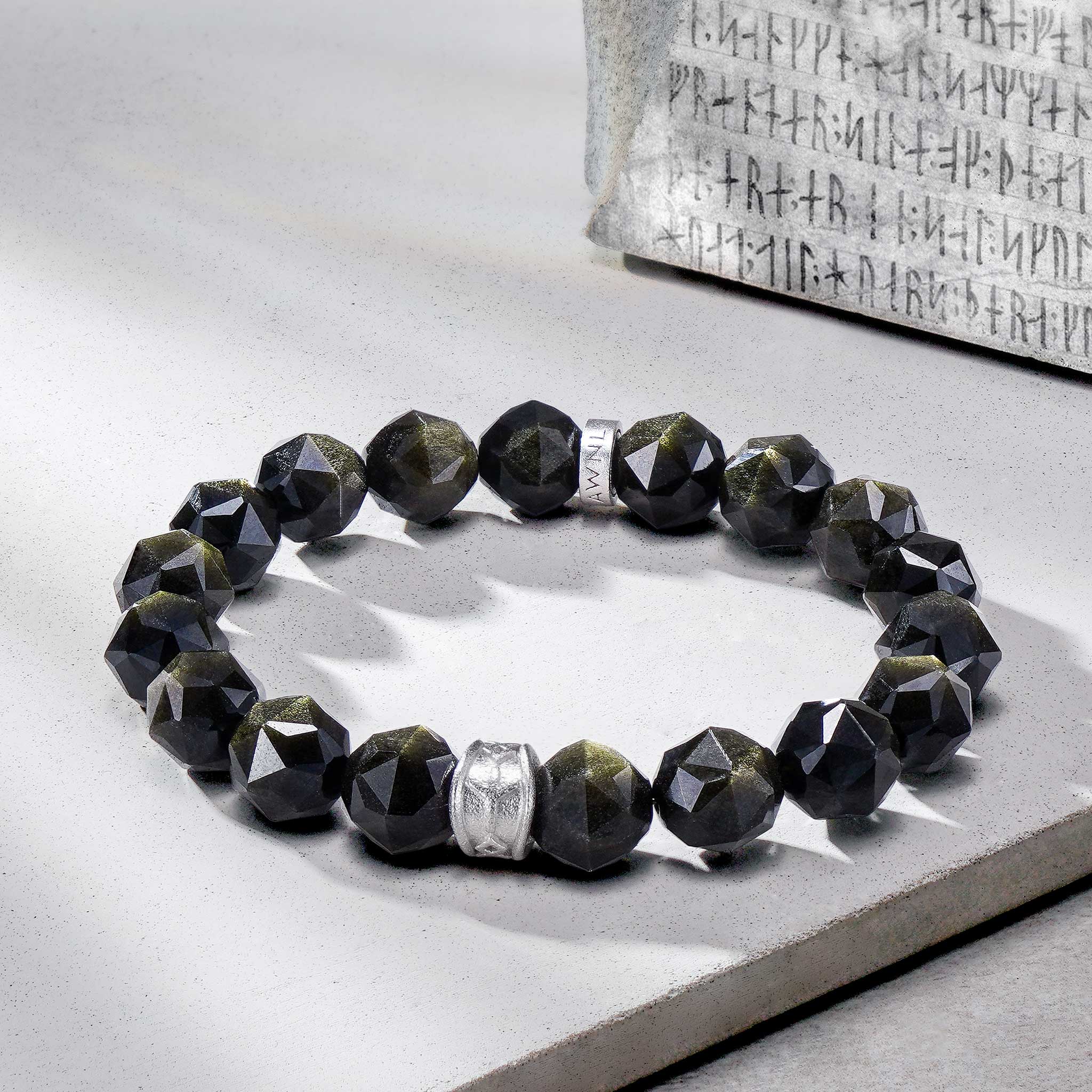 Men's Beaded Bracelet with Engraved Runes and Golden Obsidian Bracelets WAA FASHION GROUP