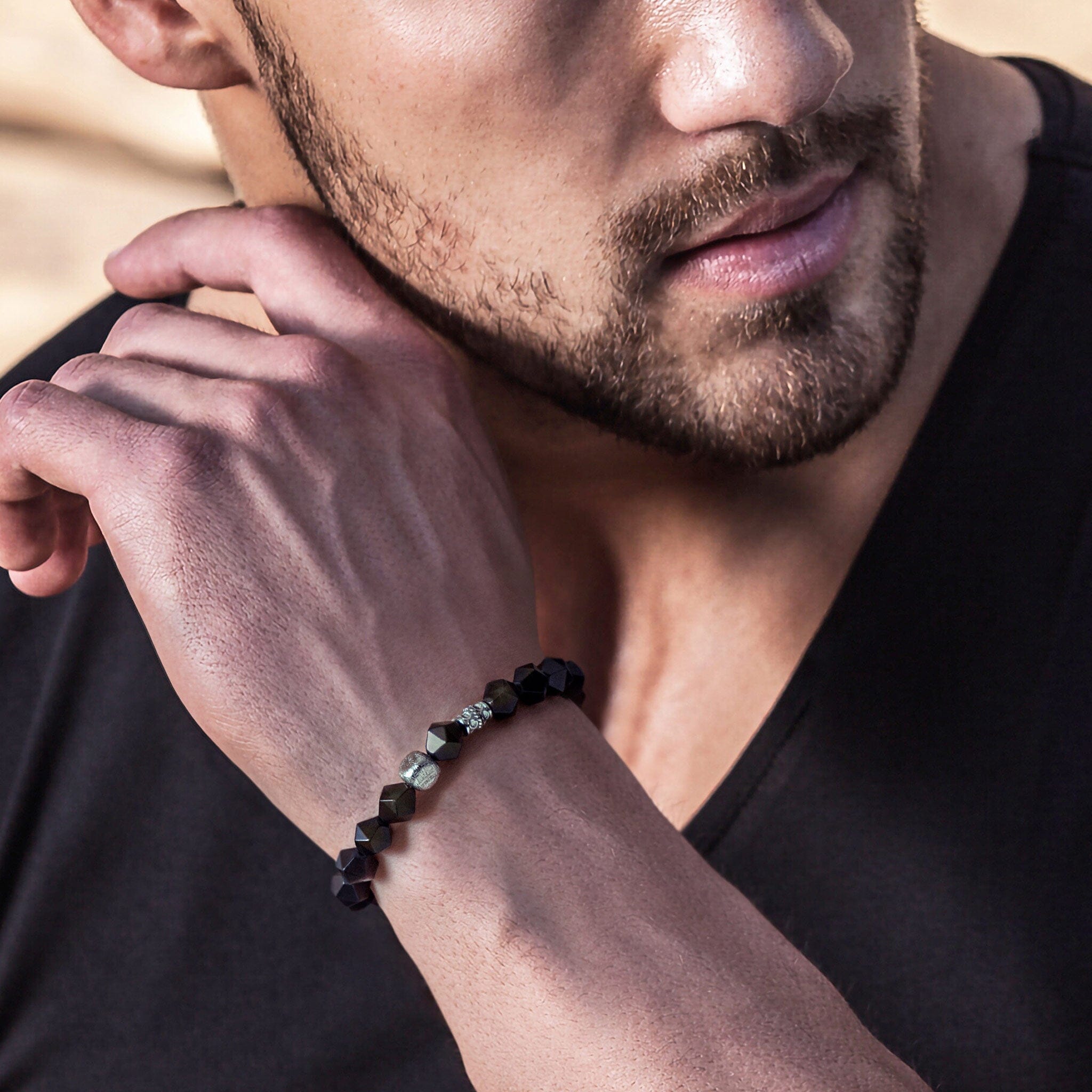 Men's Beaded Bracelet with Meteorite and Golden Obsidian Bracelets WAA FASHION GROUP