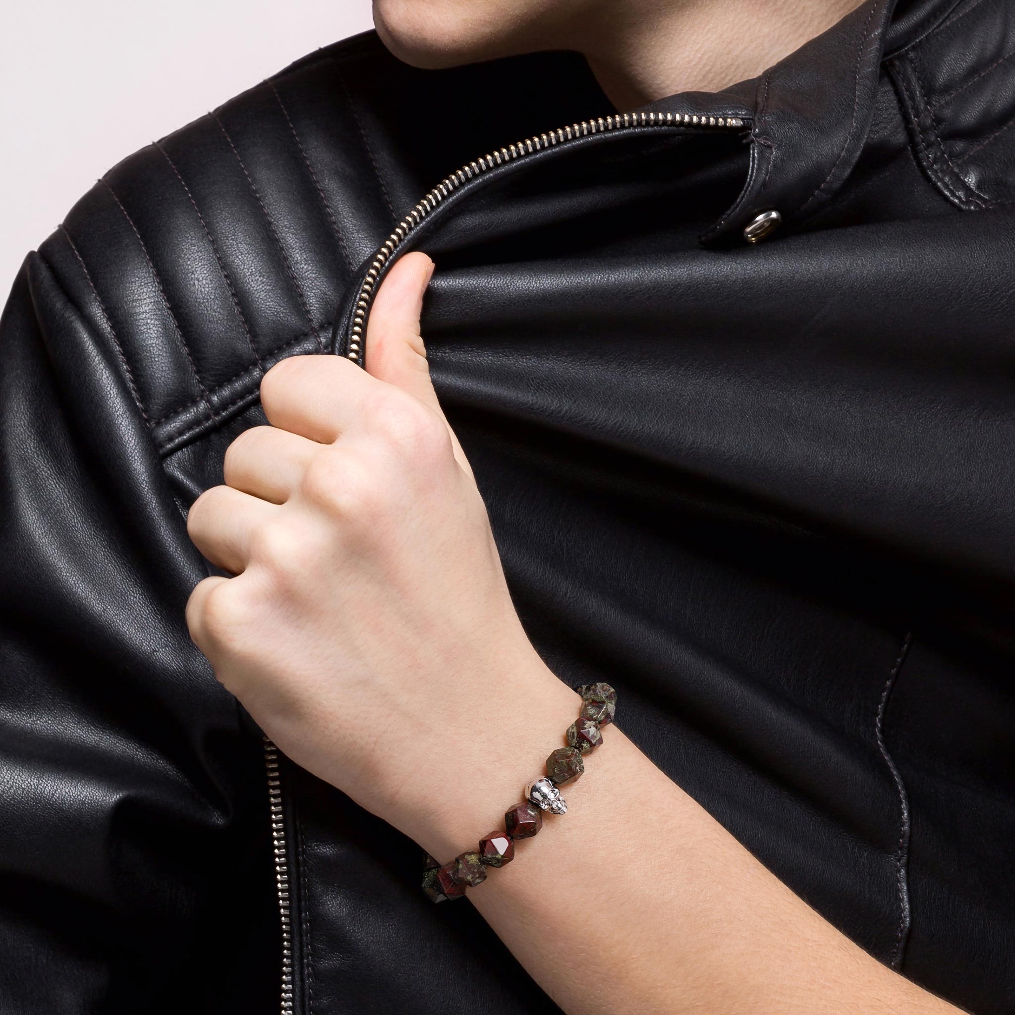 Men's Beaded Drawstring Bracelet with Dragon Blood Jasper and Skull Charm Bracelets WAA FASHION GROUP