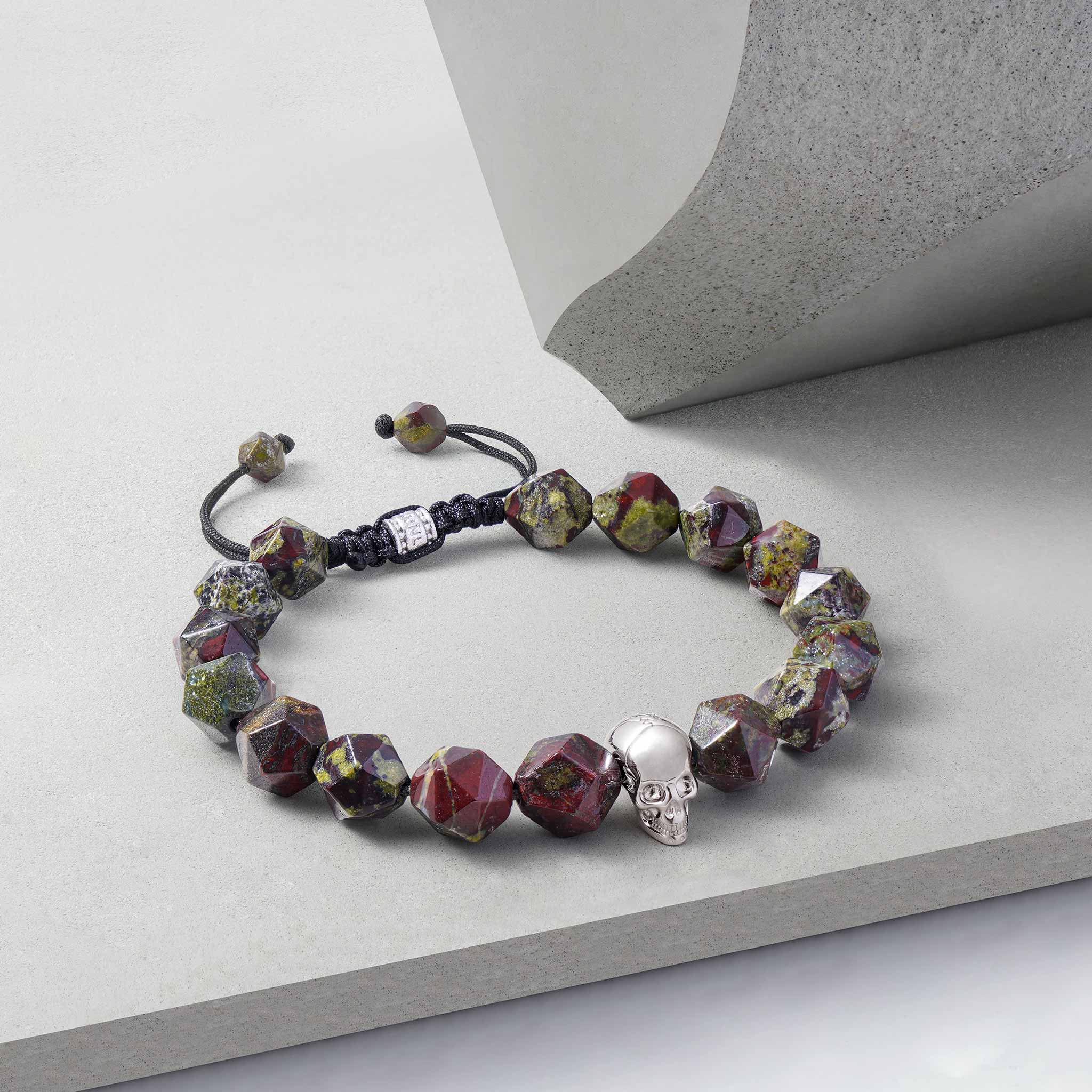 Men's Beaded Drawstring Bracelet with Dragon Blood Jasper and Skull Charm Bracelets WAA FASHION GROUP