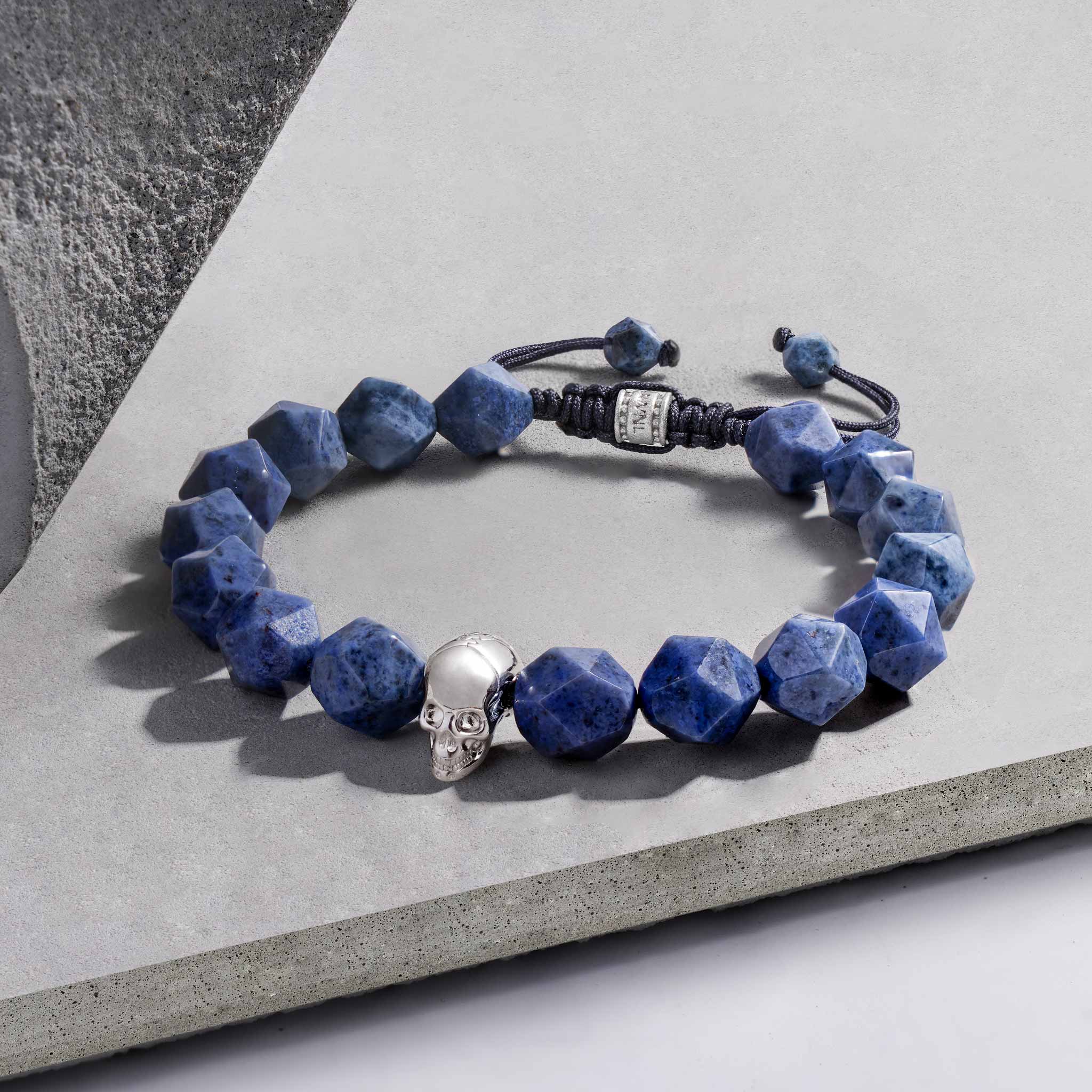 Men's Beaded Drawstring Bracelet with Dumortierite and Skull Charm Bracelets WAA FASHION GROUP