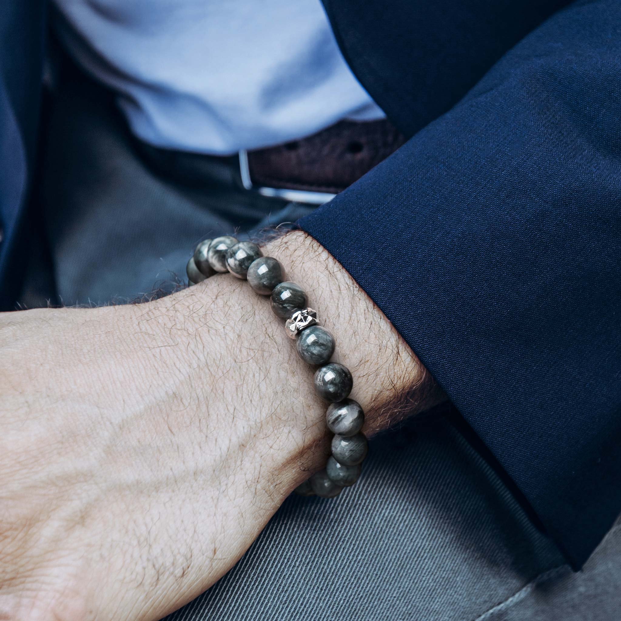 Men's Beaded Drawstring Bracelet with Grey Hawk Eye Bracelets WAA FASHION GROUP