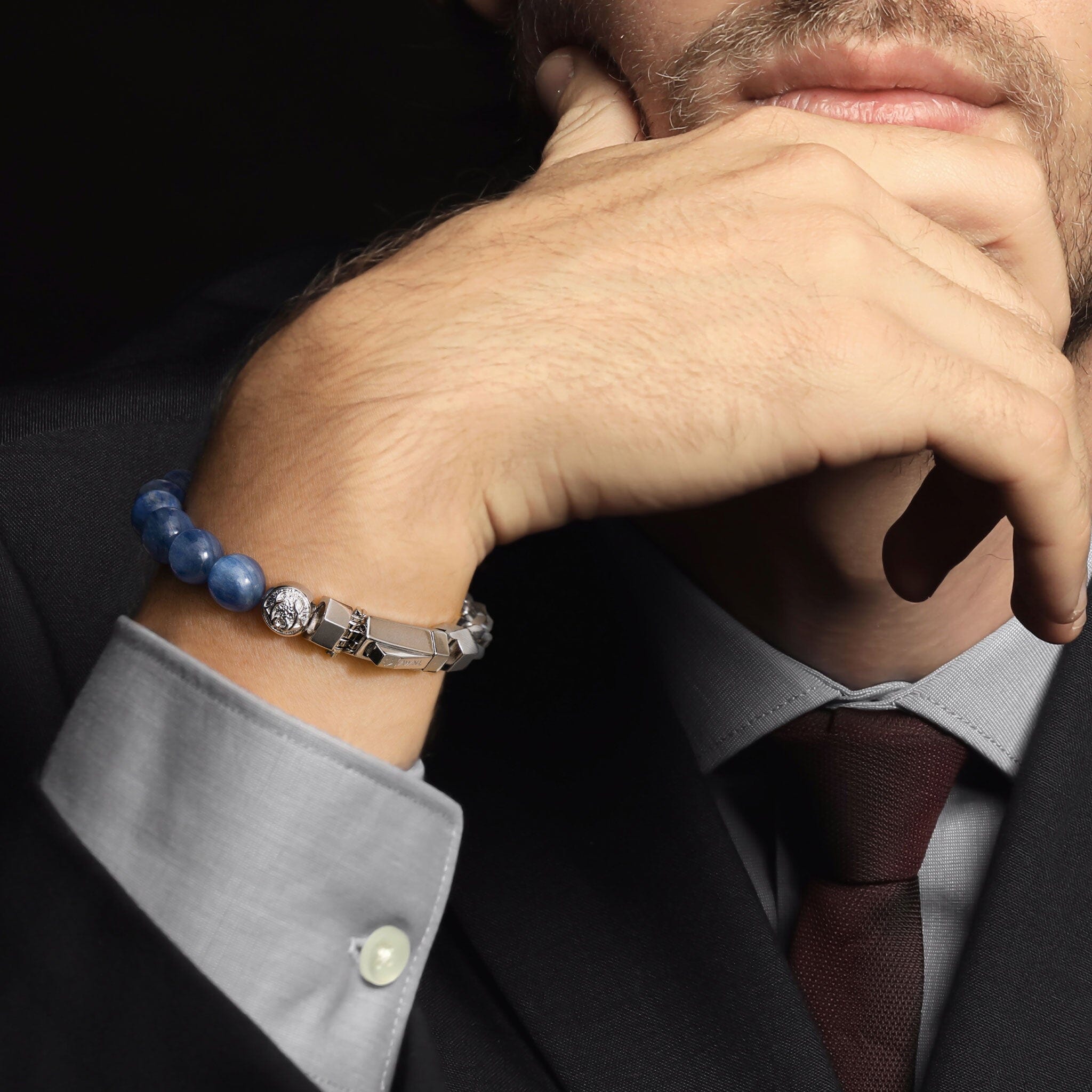 Men's Beaded Silver Chain Bracelet with Kyanite Bracelets WAA FASHION GROUP