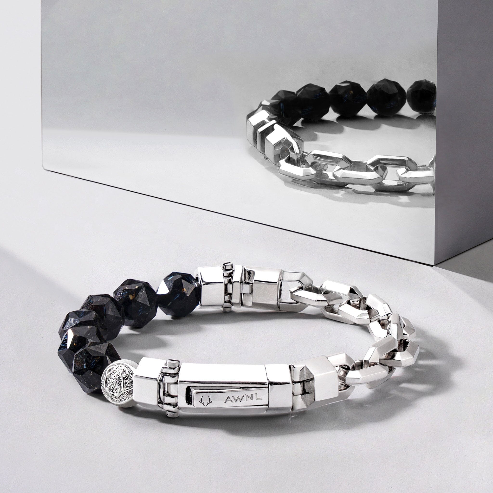 Men's Beaded Silver Chain Bracelet with Nuummite Bracelets WAA FASHION GROUP