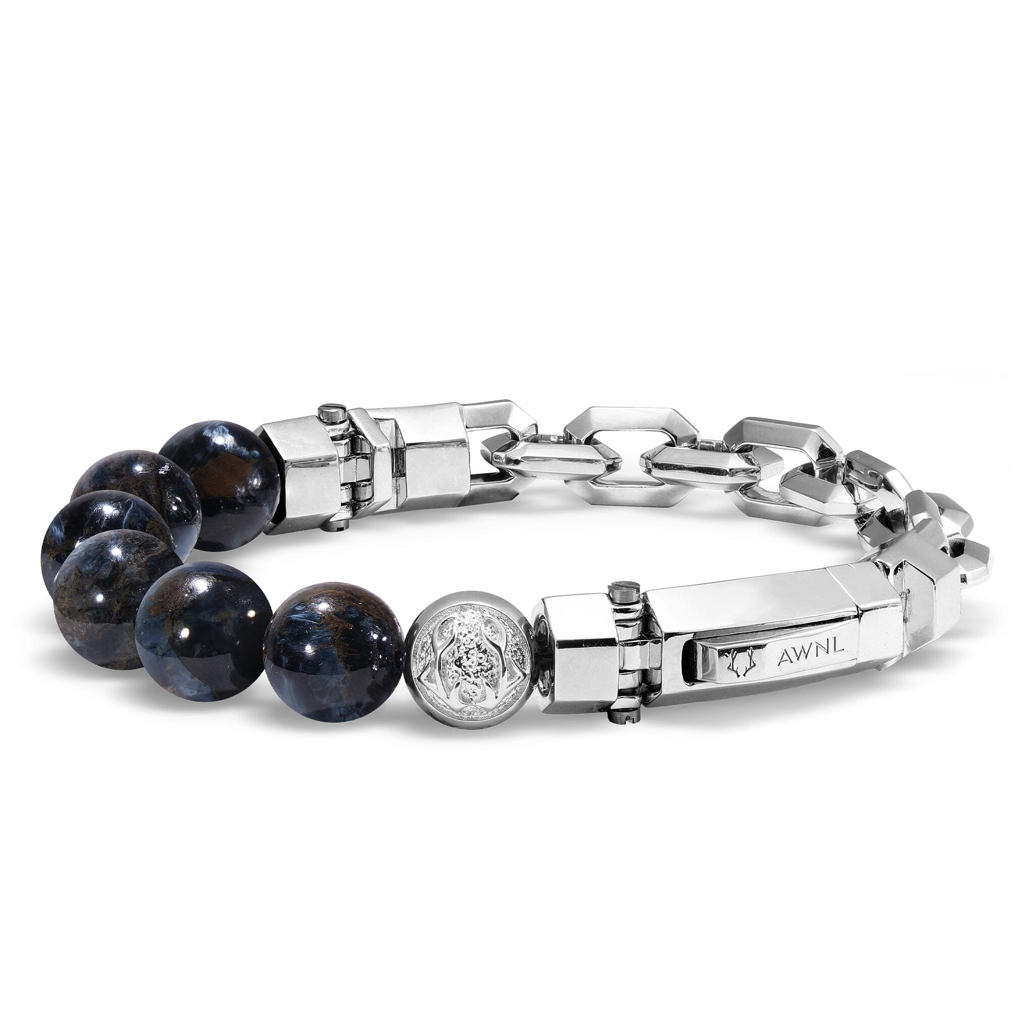 Men's Beaded Silver Chain Bracelet with Pietersite Stone Bracelets WAA FASHION GROUP 