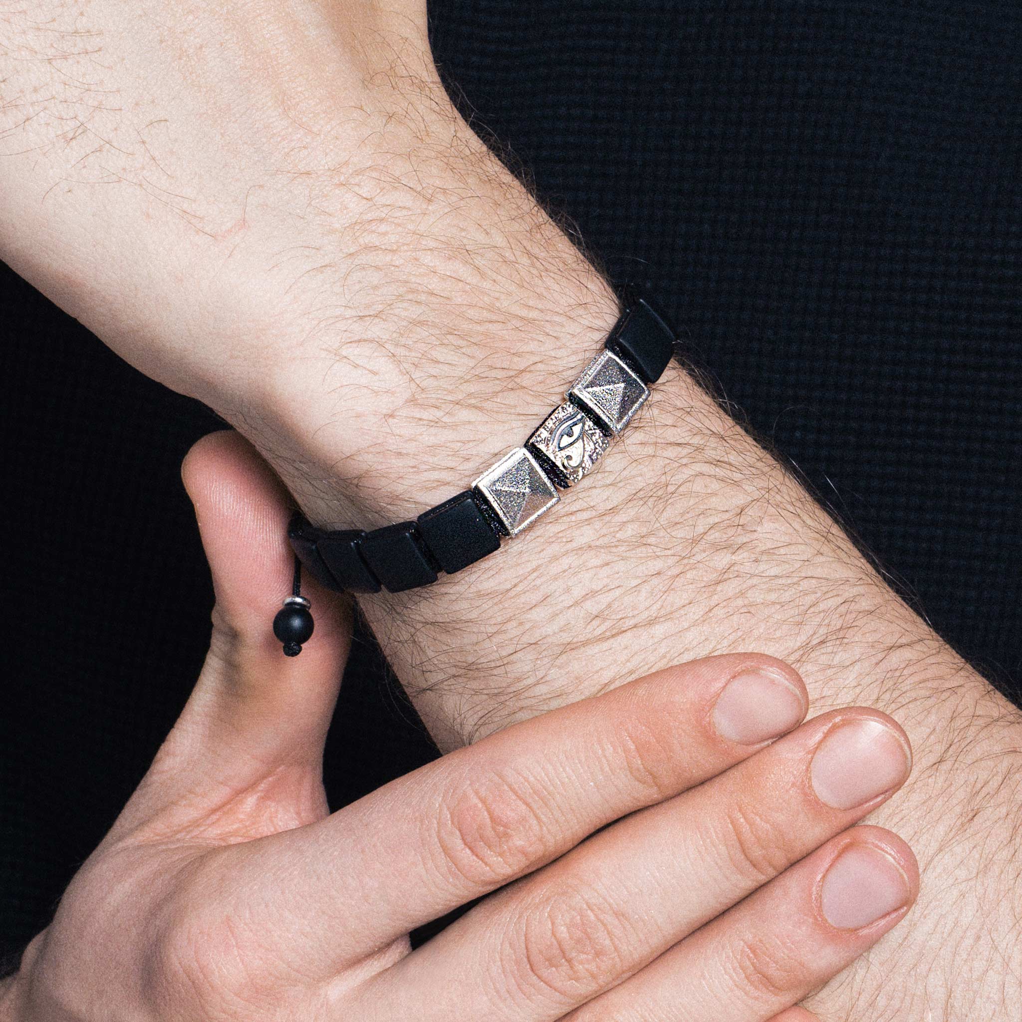 Men's Flatbead Bracelet with Black Onyx, the Eye of Horus and Pyramid Charm Bracelets WAA FASHION GROUP