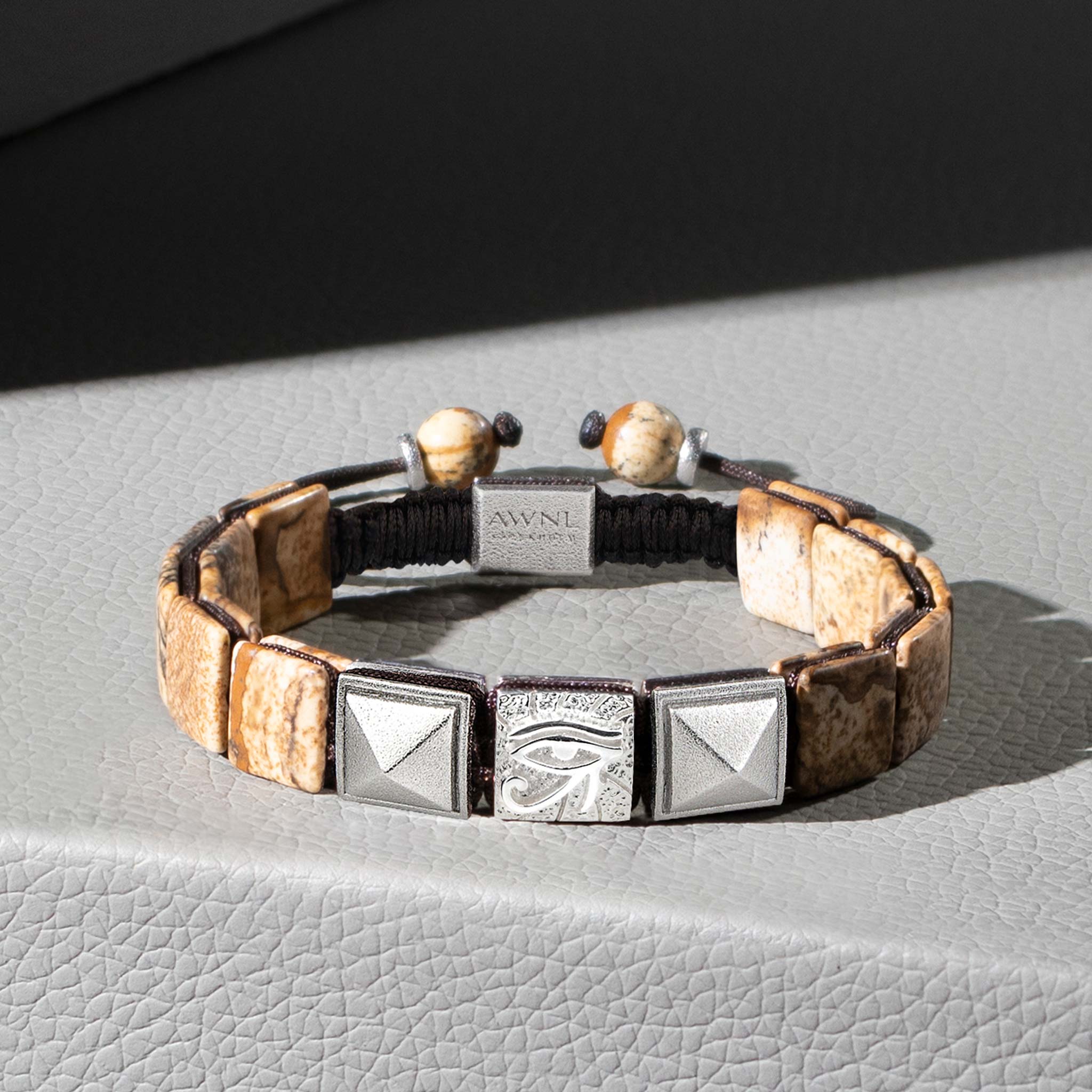 Men's Flatbead Bracelet with Picture Jasper, the Eye of Horus and Pyramid Charm Bracelets WAA FASHION GROUP