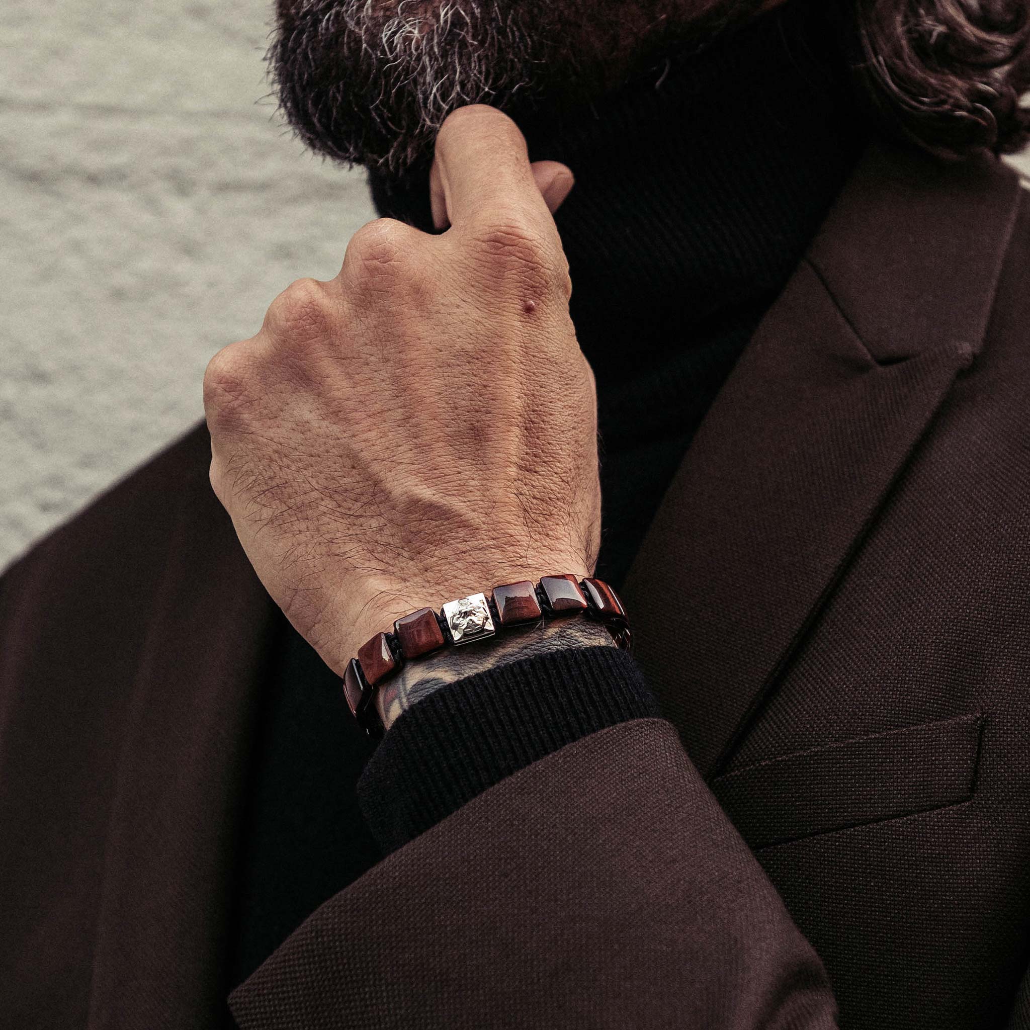 Men's Flatbead Bracelet with Tiger Eye and Tiger Head Charm Bracelets WAA FASHION GROUP