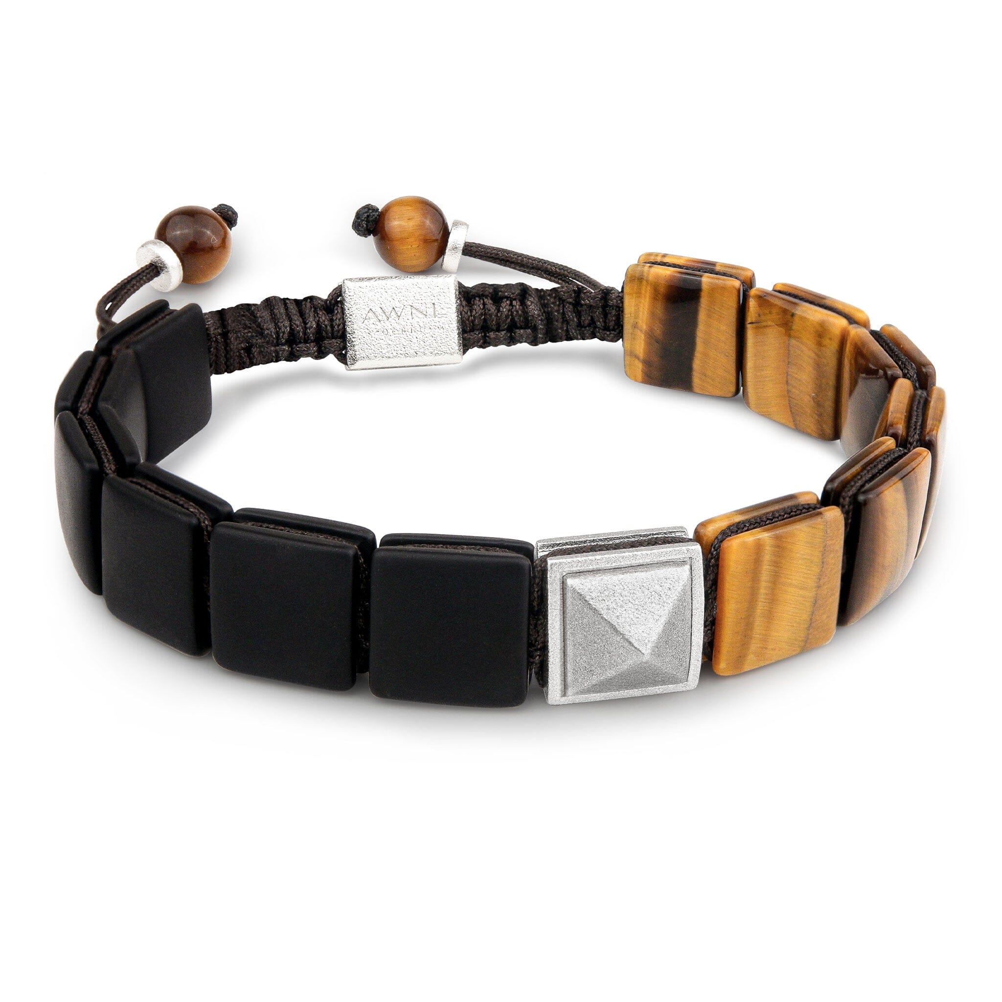 Men's Flatbead Bracelet with Tiger Eye, Onyx and Pyramid Charm Bracelets WAA FASHION GROUP 