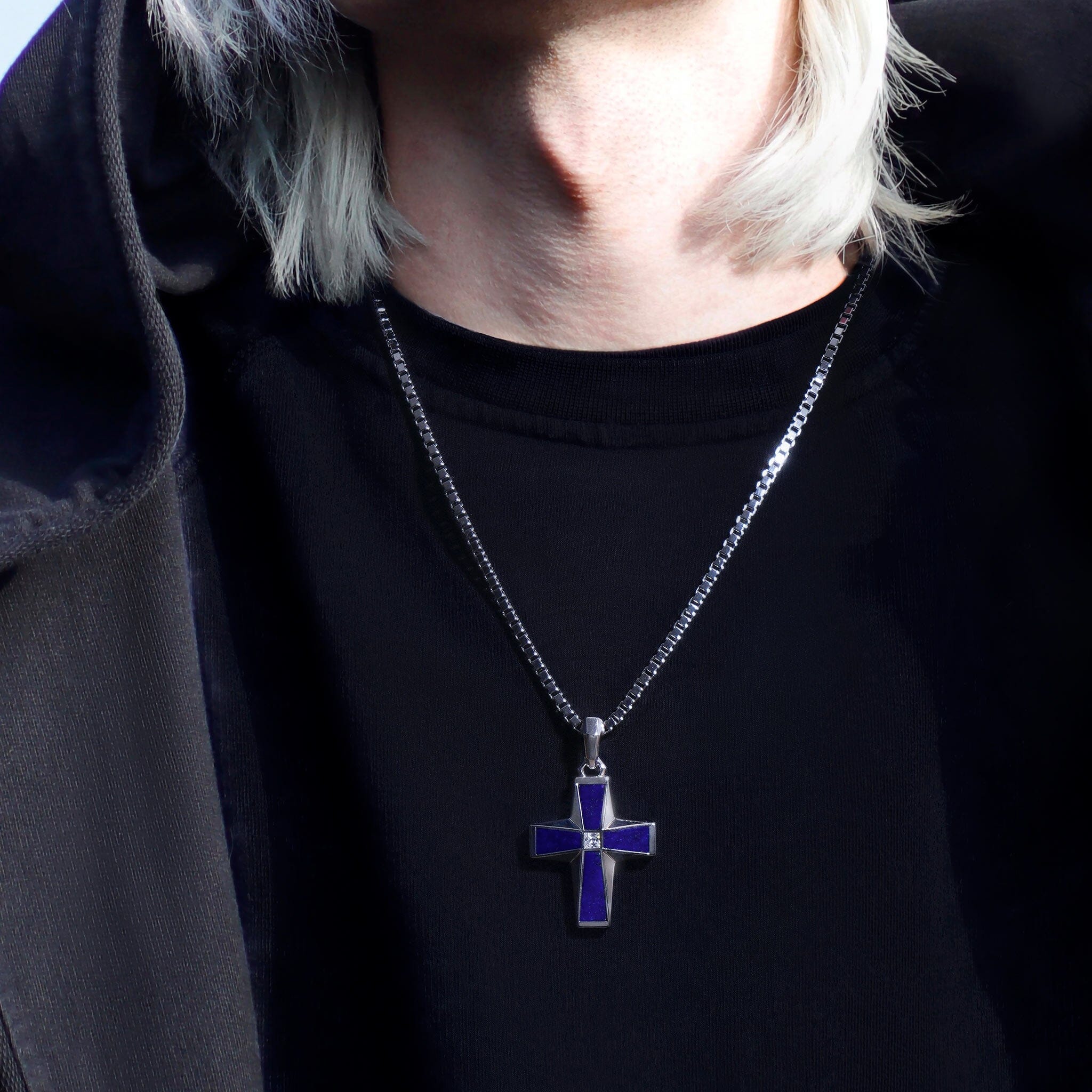 Men's Klein Blue Cross Necklace with Lapis Lazuli Necklaces WAA FASHION GROUP