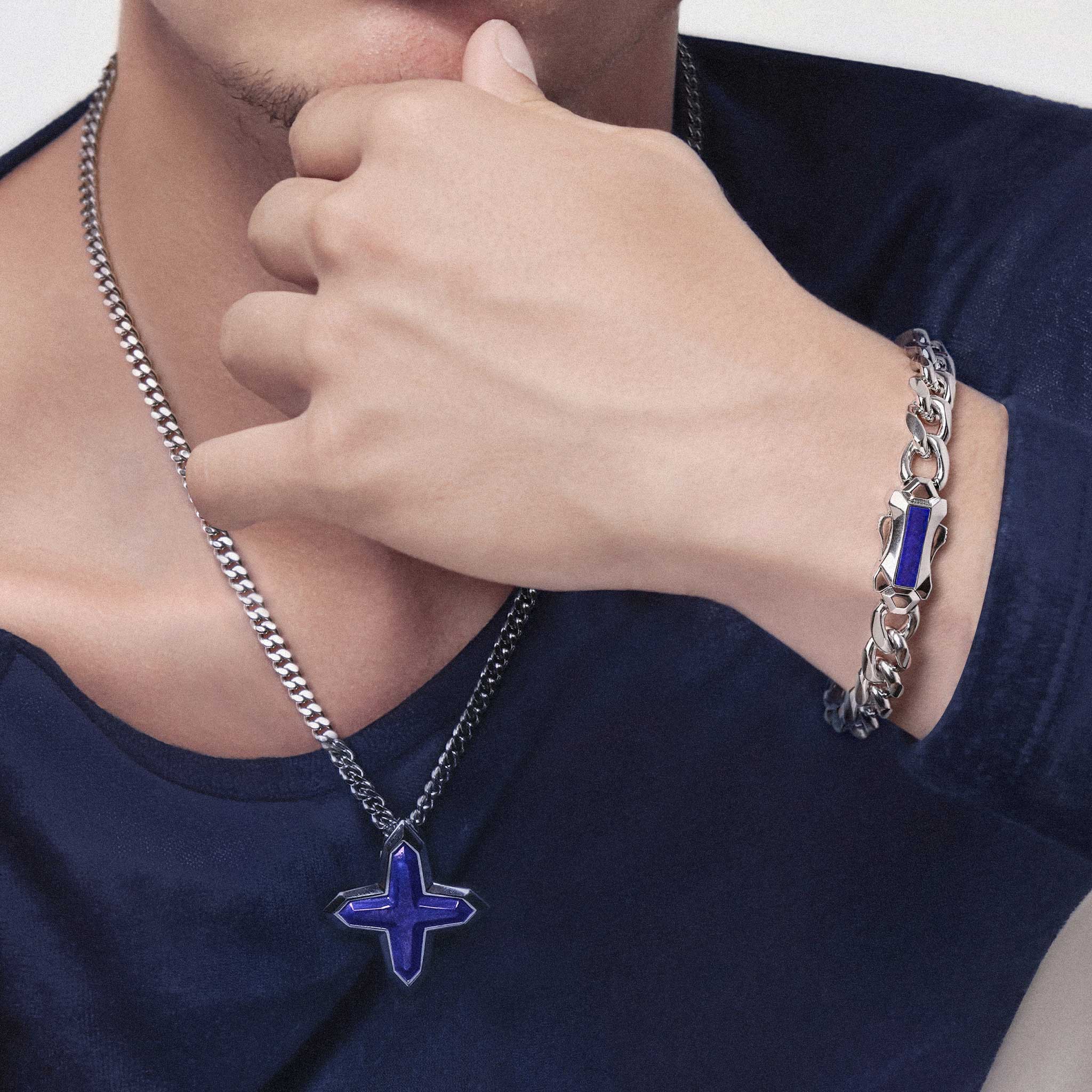 Men's Silver Chain Bracelet with Lapis Lazuli Bracelets WAA FASHION GROUP
