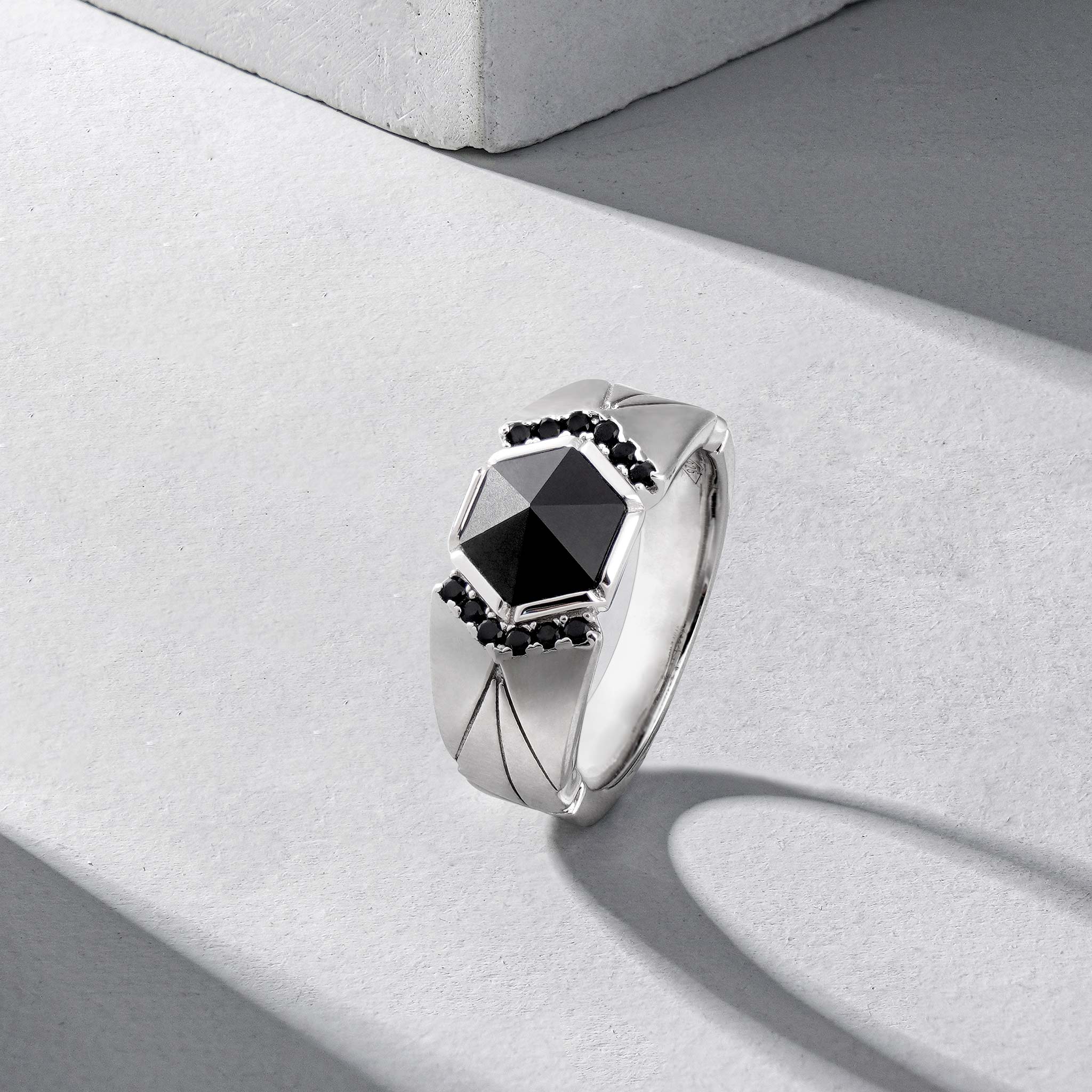 Men's Wide Band Shield Ring with Black Onyx Rings AWNL