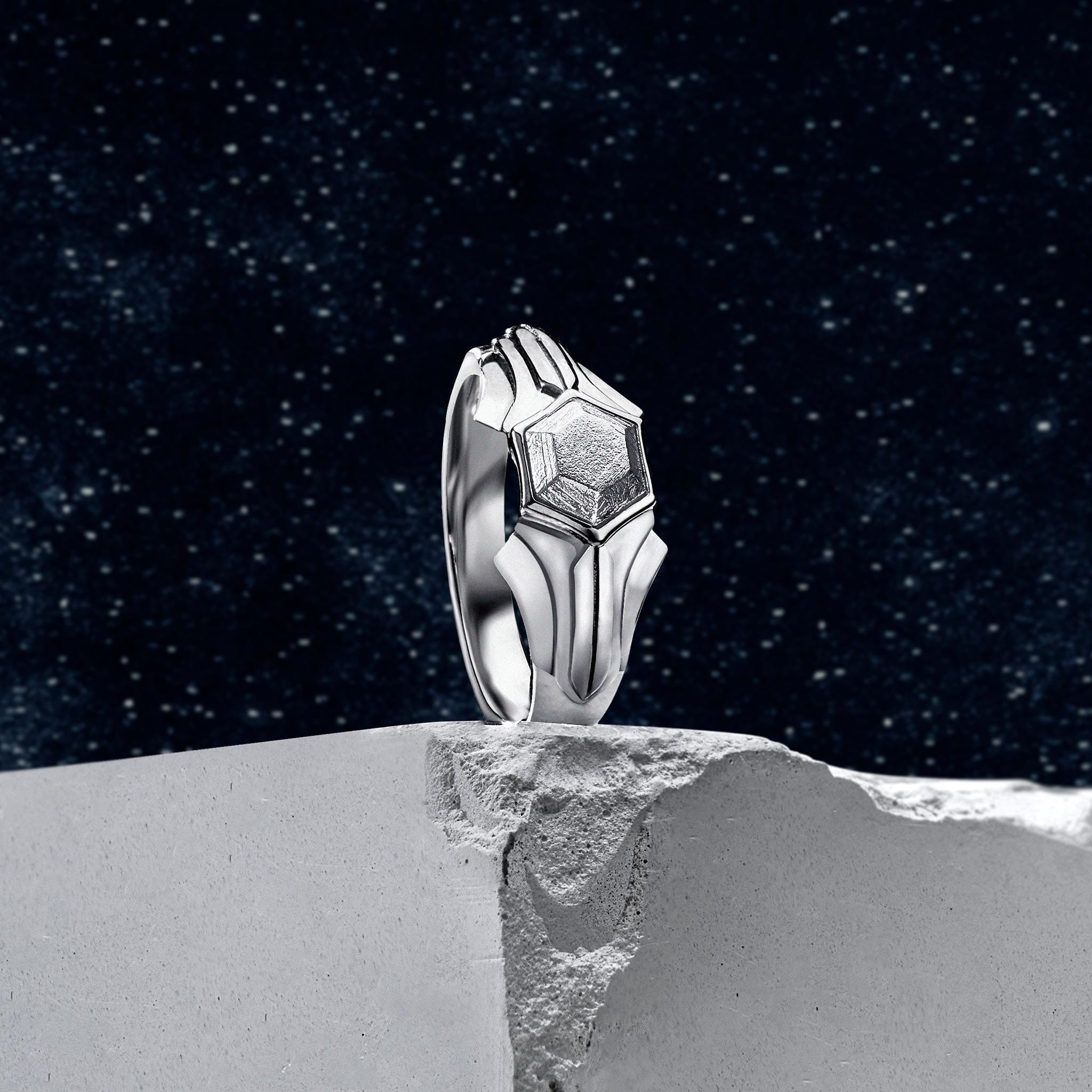 Men's Wide Band Silver Ring with Meteorite Rings AWNL