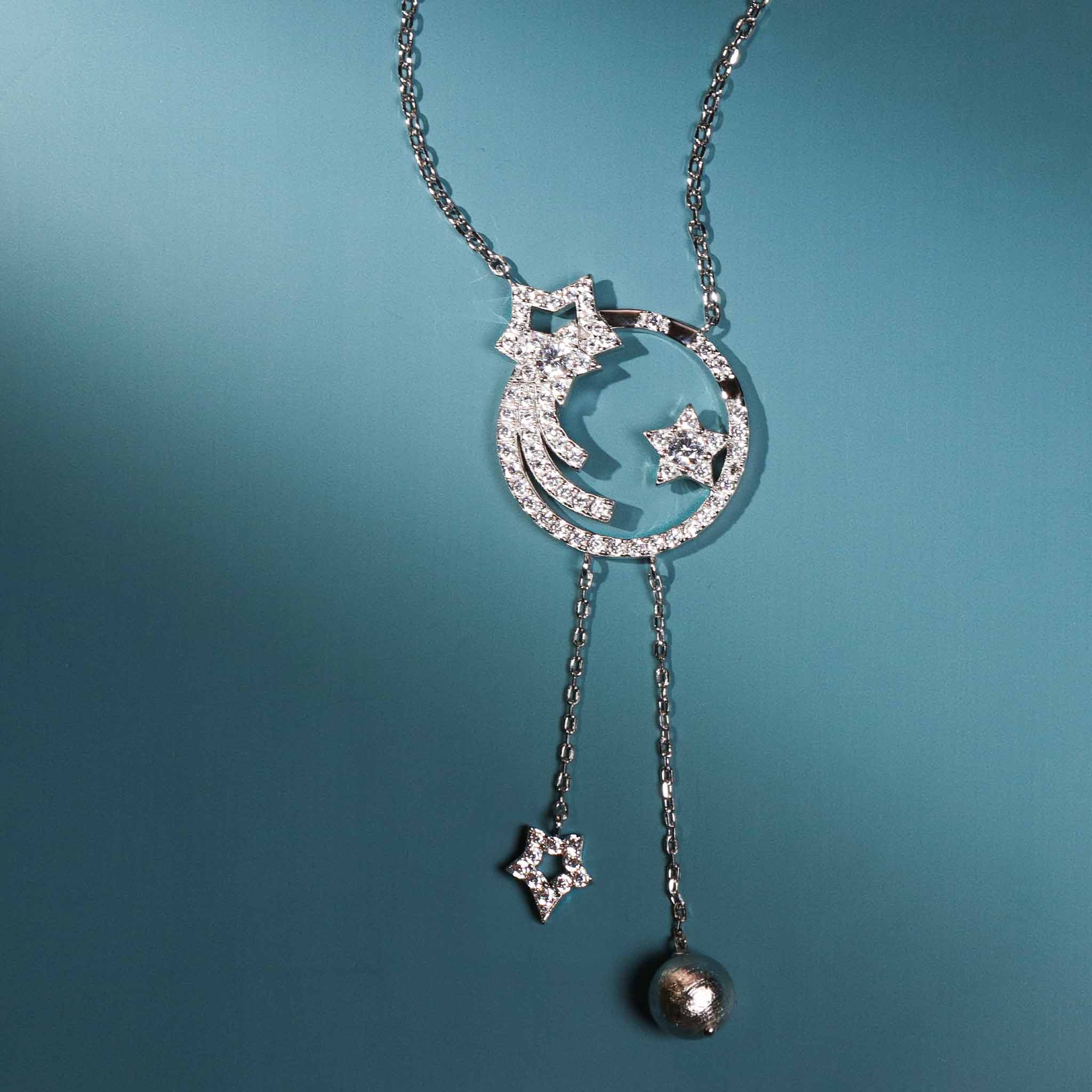 Women's Stars and Moon Silver Necklace with Meteorite Necklaces WAA FASHION GROUP