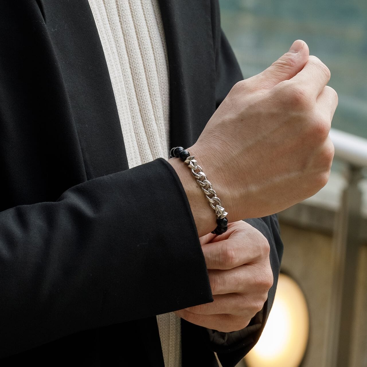 Hawk's Eye Beaded Silver Half Curb Chain Bracelet for Men | AWNL