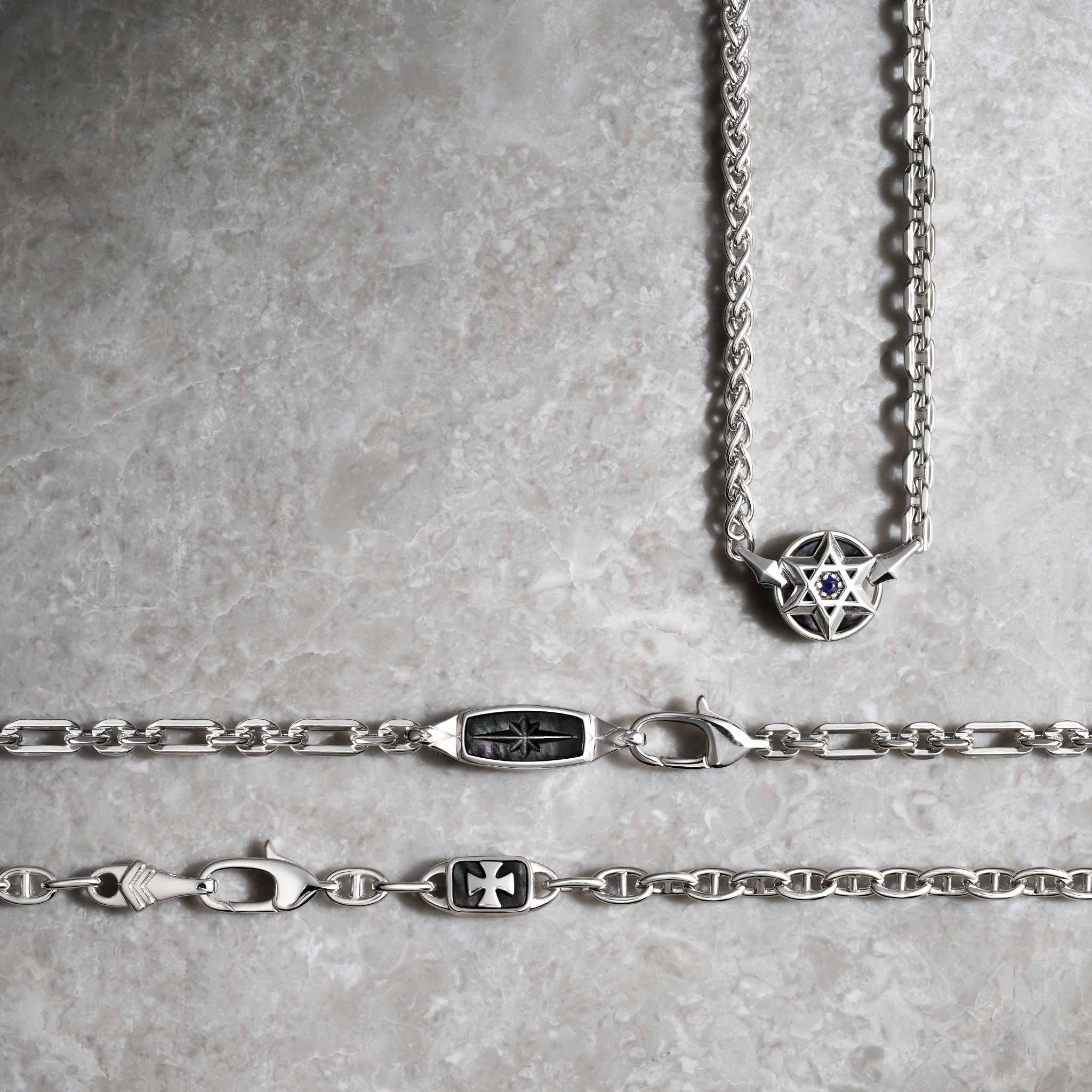 Silver Chain Necklace with Black Mother Of Pearl pendant for Men