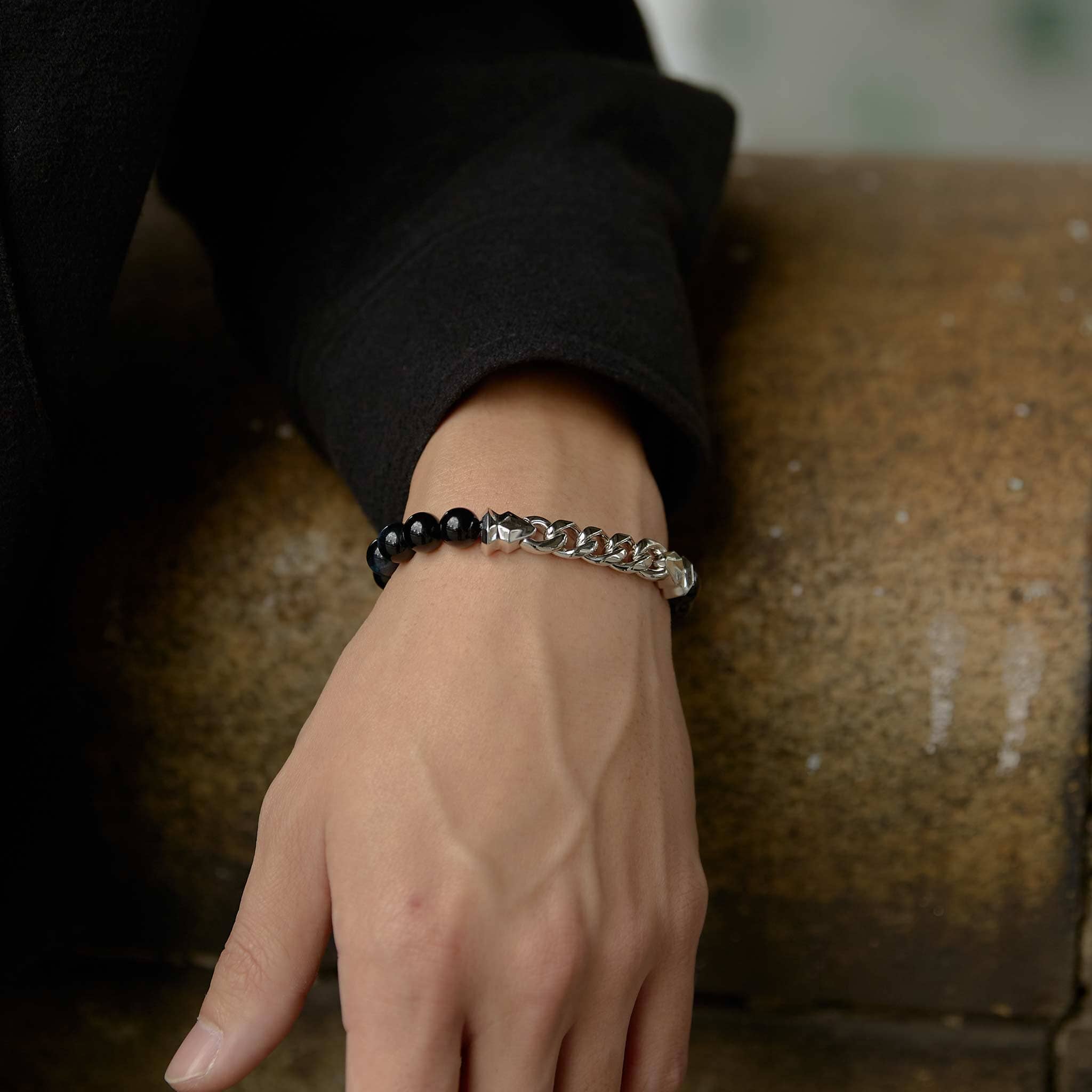 Hawk's Eye Beaded Silver Half Curb Chain Bracelet for Men | AWNL