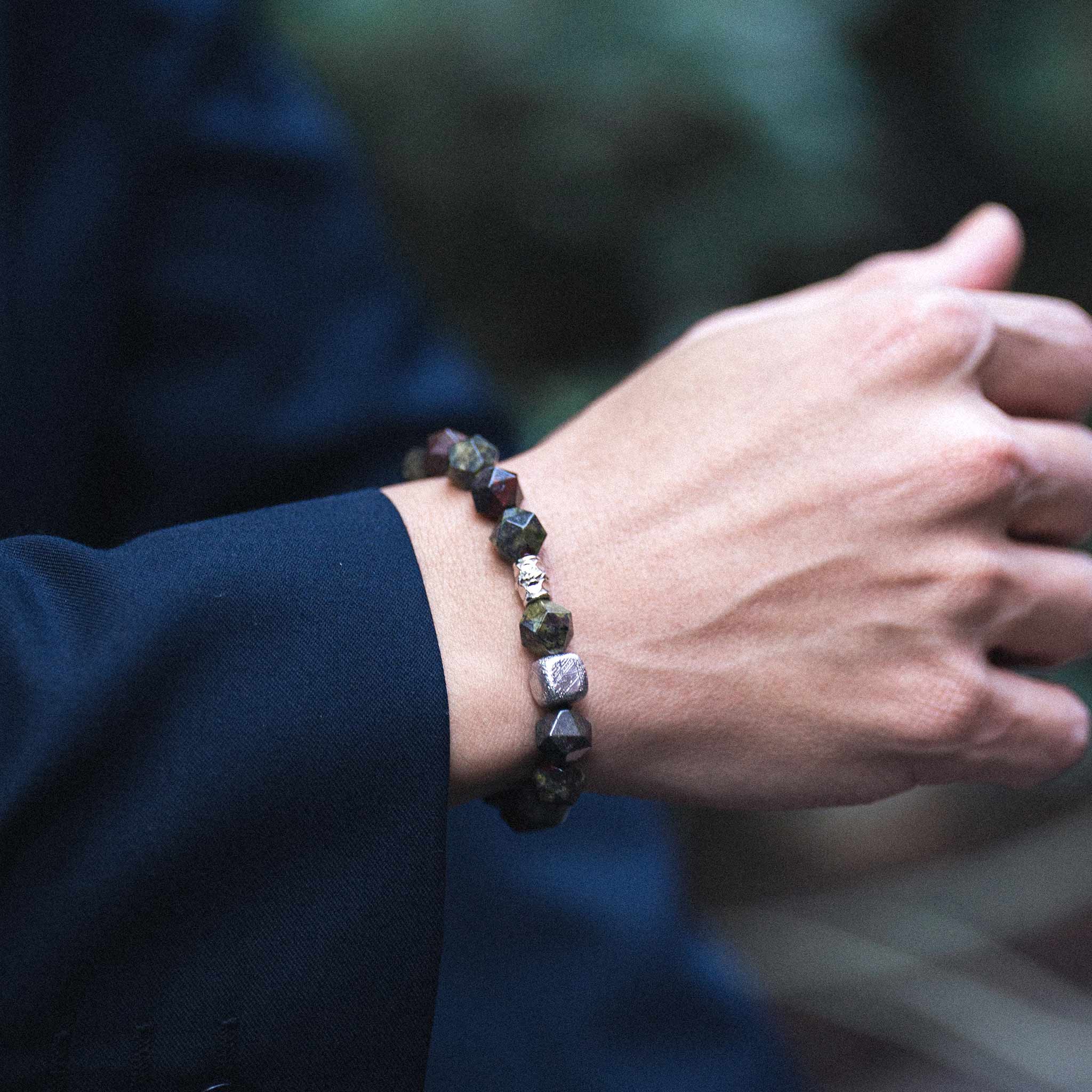 Dragon's Blood Jasper & Swedish Meteorite Beaded Bracelet for Men