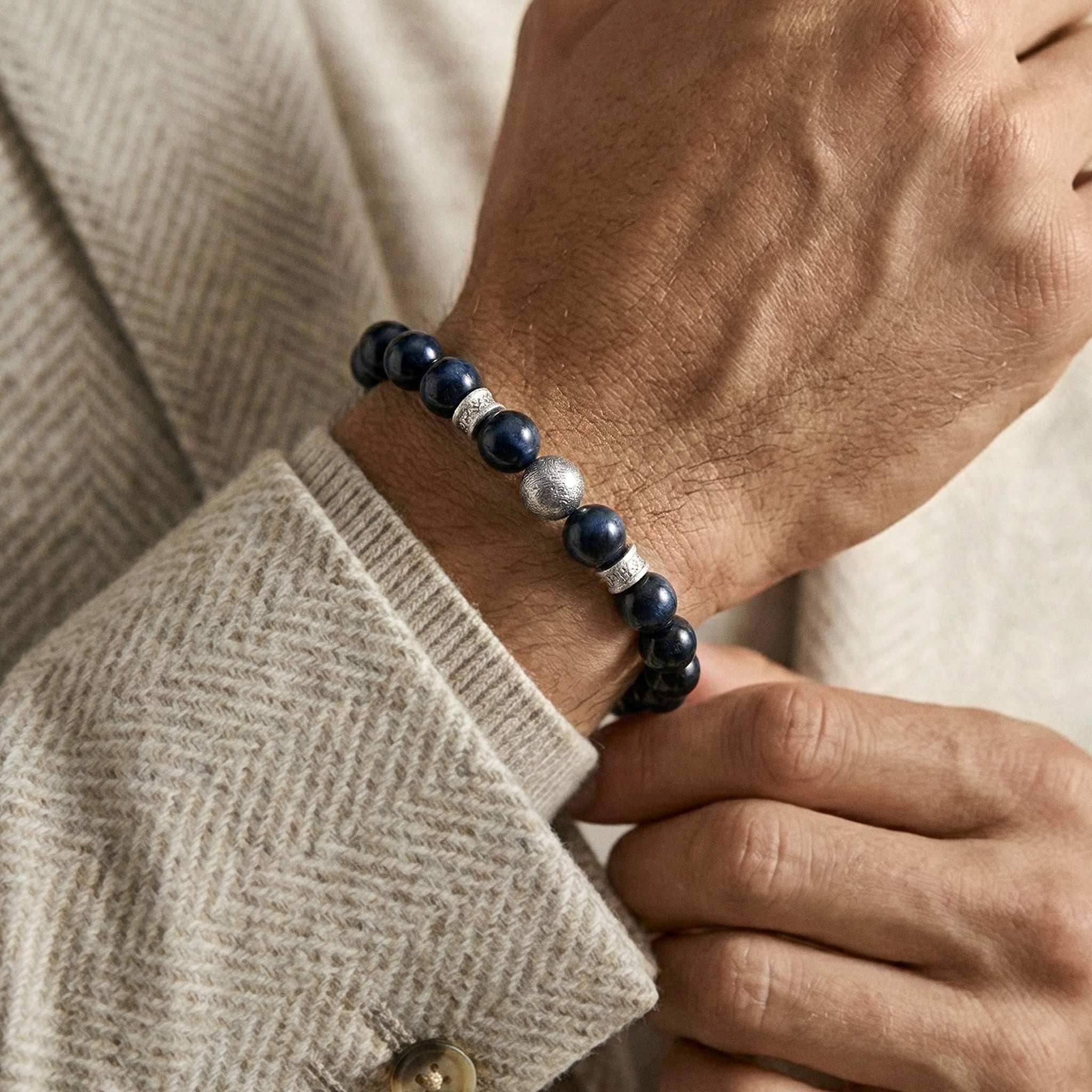 Blue Tiger Eye, Meteorite & Protection Rune Beaded Bracelet for