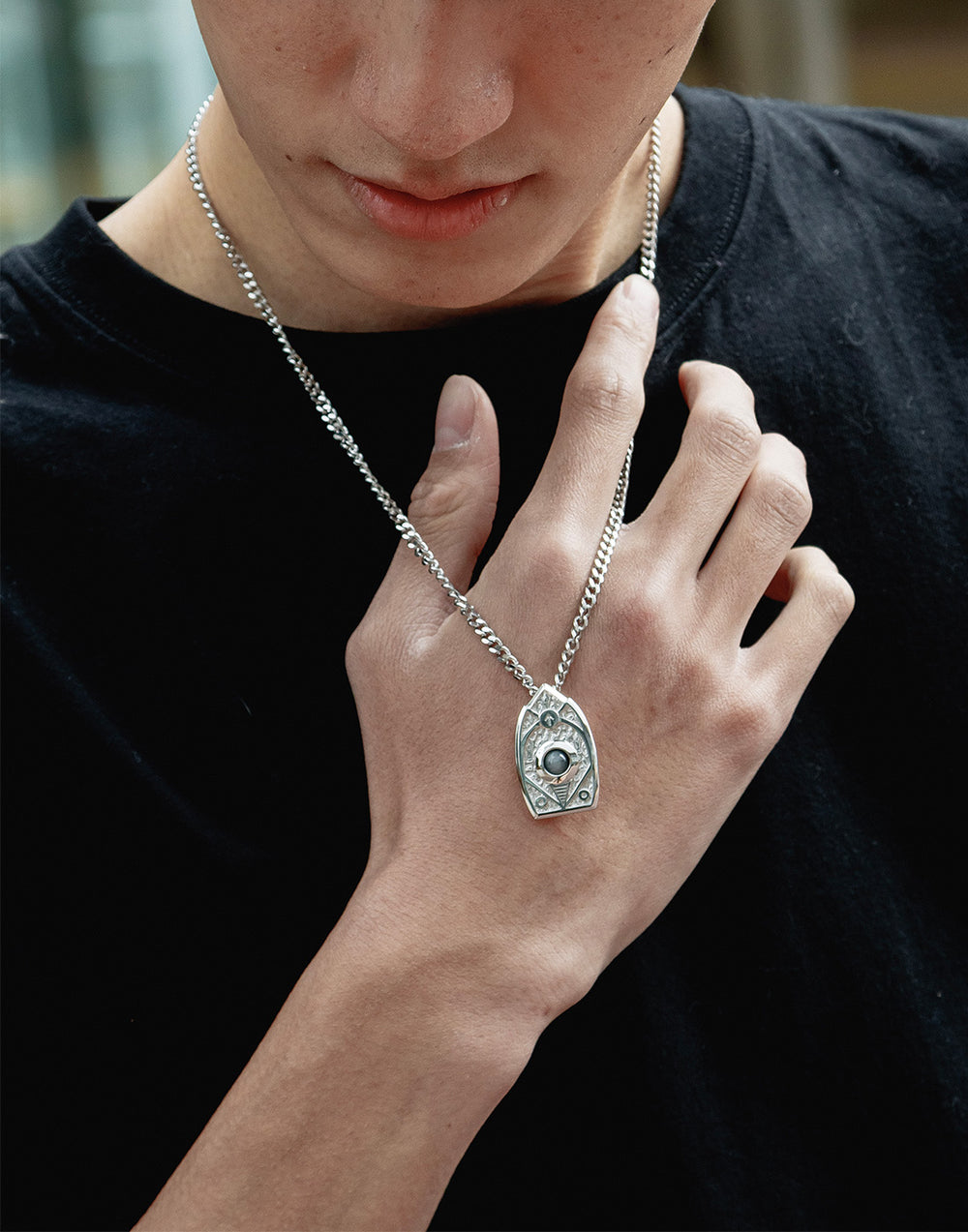 Grey Hawk Eye Tiwaz Rune Moving Ball Pendant Necklace | AWNL Stockholm