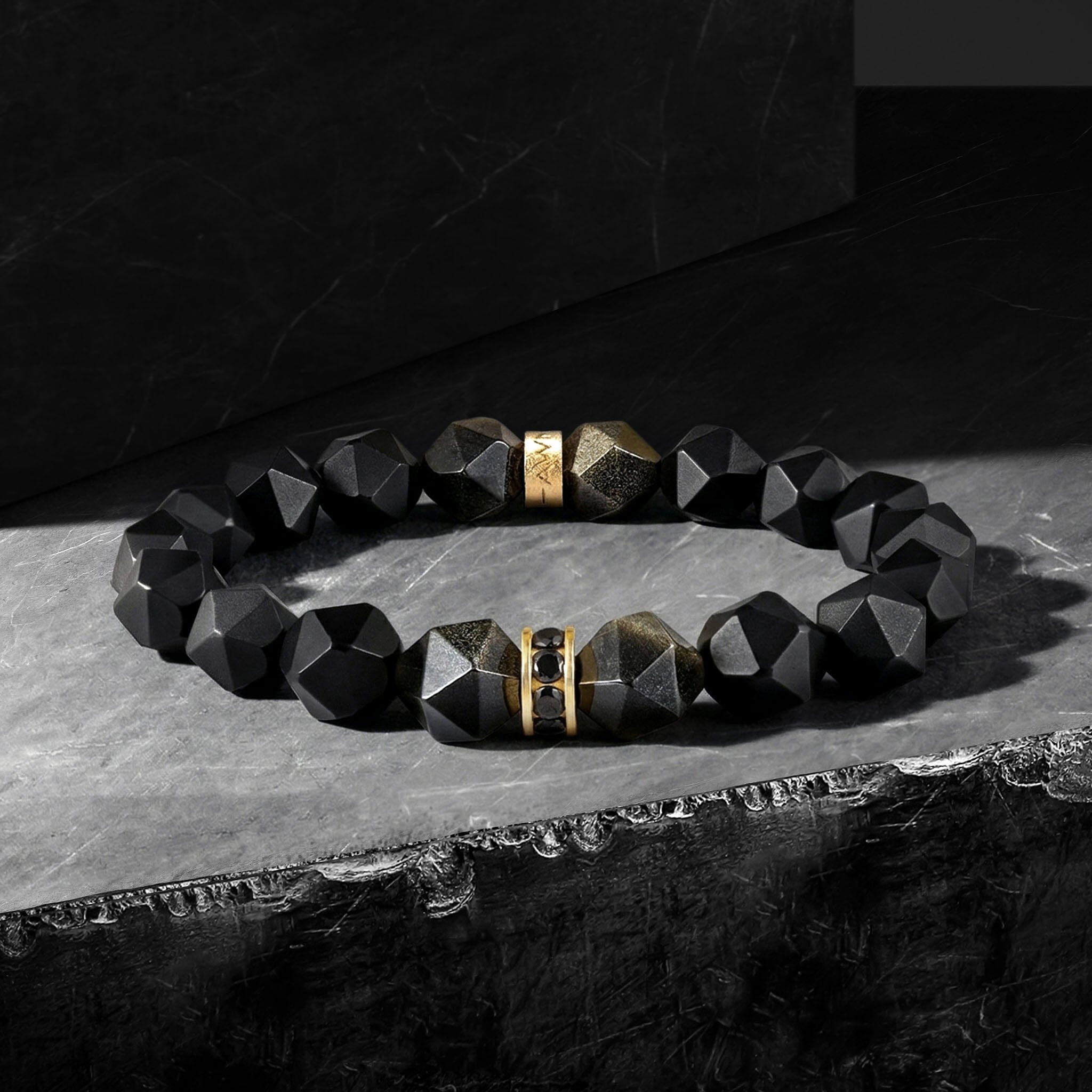 Golden Obsidian & Black Onyx Beaded Stretch Bracelet for Men