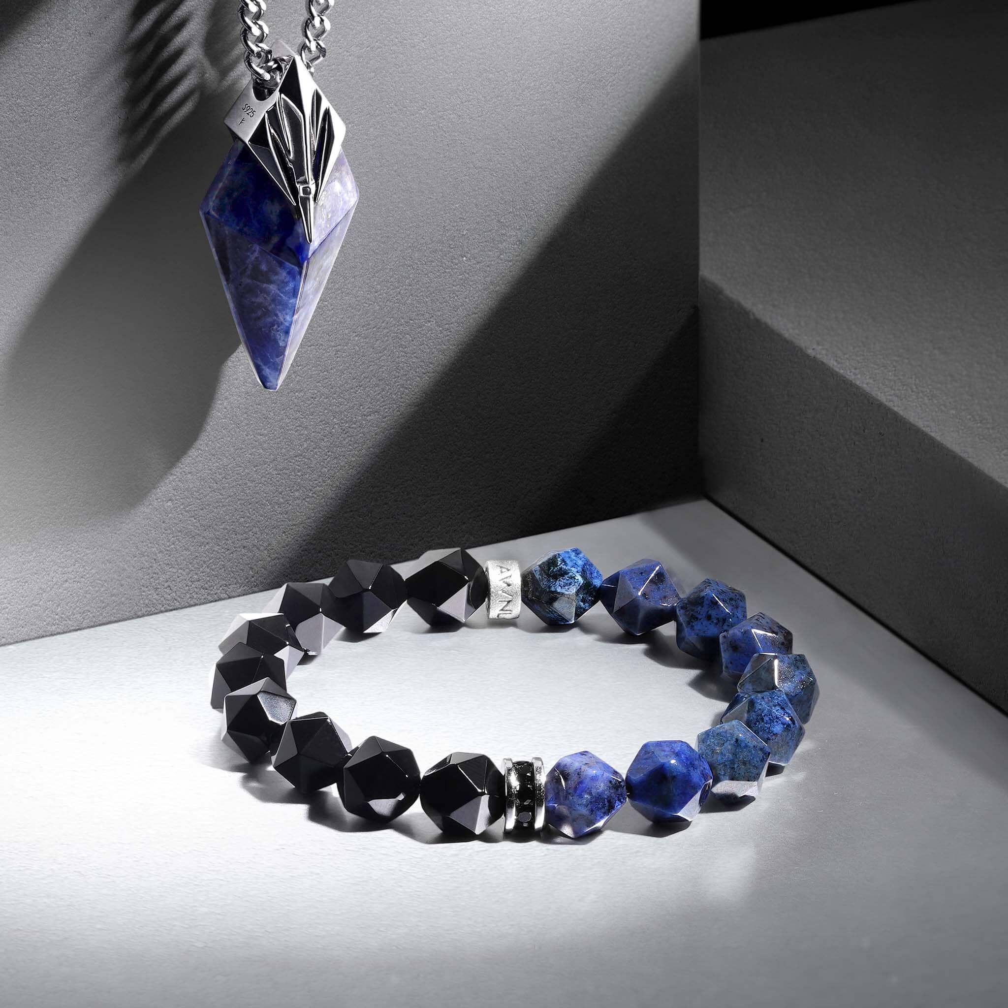 Black Onyx & Dumortierite Stretch Beaded Bracelet for Men | AWNL