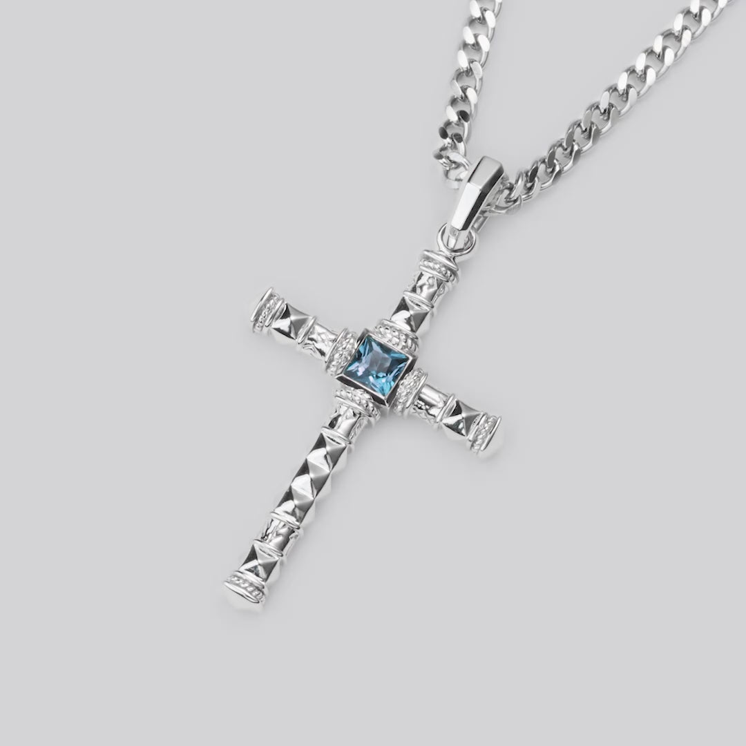 London Blue Topaz Cross Rune-Engraved Pendant Necklace for Men