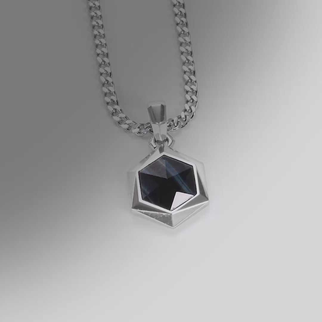 Hawk Eye Hexagonal Gemstone Pendant Necklace for Men | AWNL