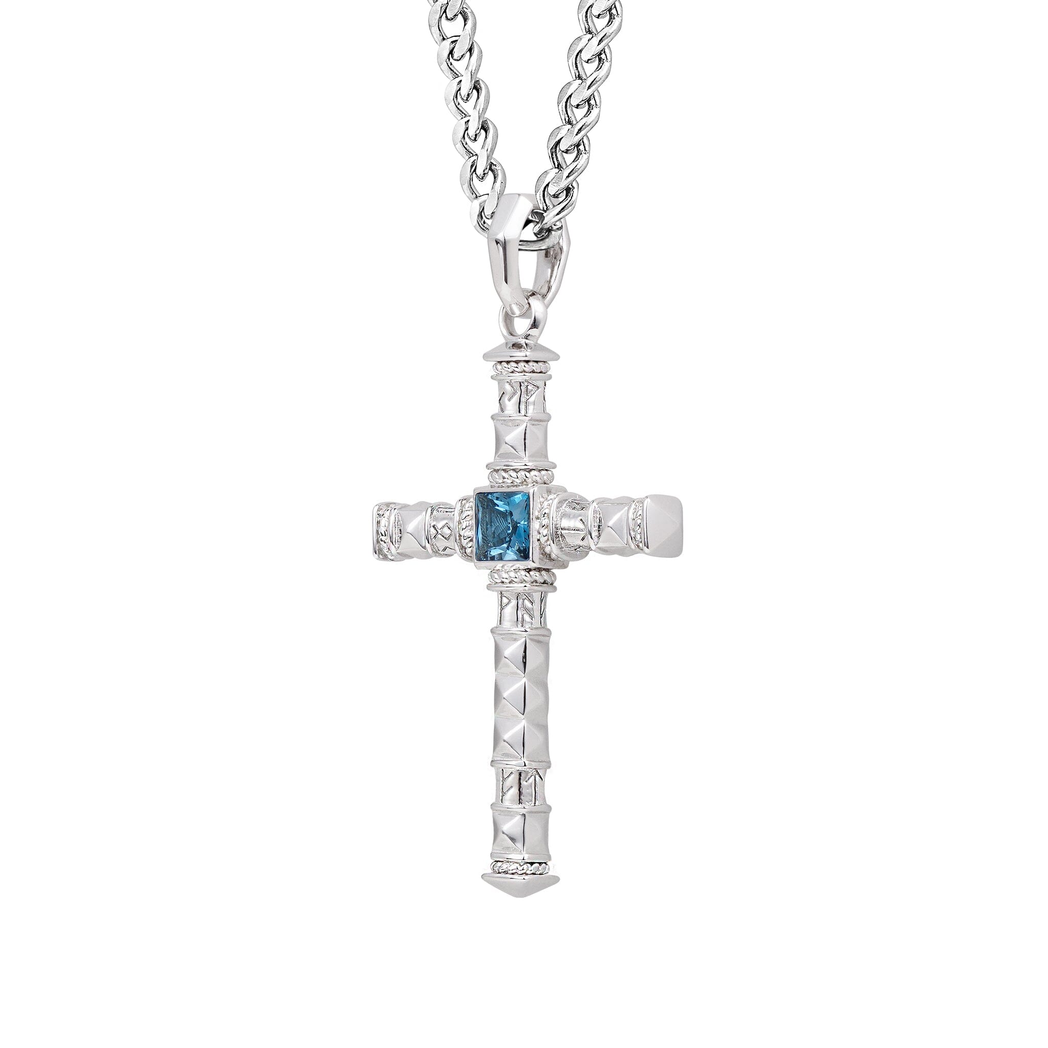 Runes-Engraved London Blue Topaz Cross Necklace Necklaces AWNL 