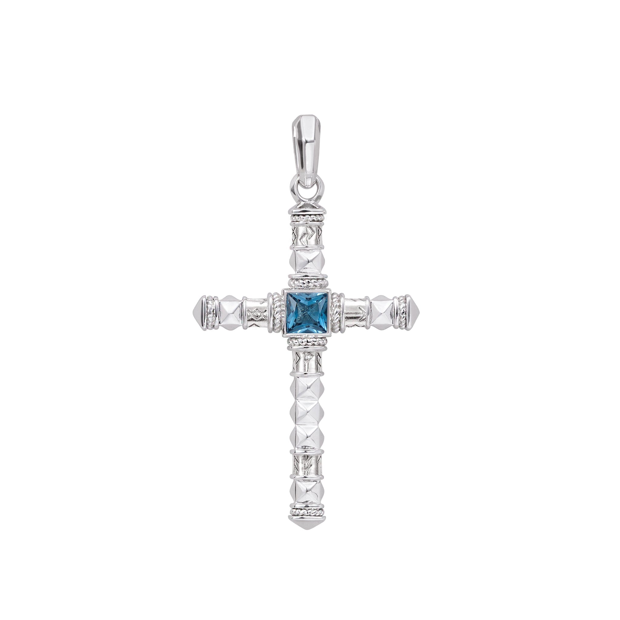 Runes-Engraved London Blue Topaz Cross Necklace Necklaces AWNL 