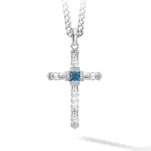 Runes-Engraved London Blue Topaz Cross Necklace Necklaces AWNL 