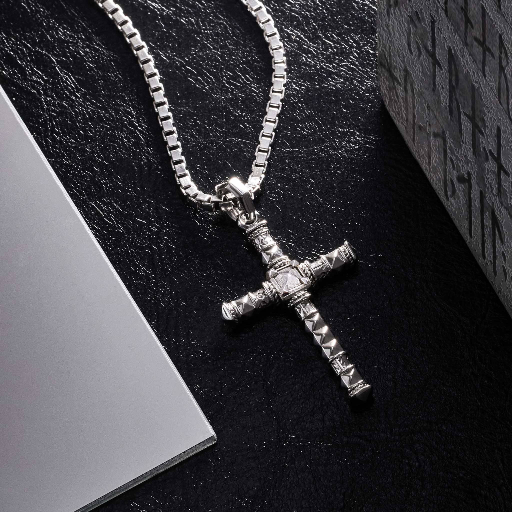 Runes-Engraved Meteorite Cross Necklace Necklaces AWNL 