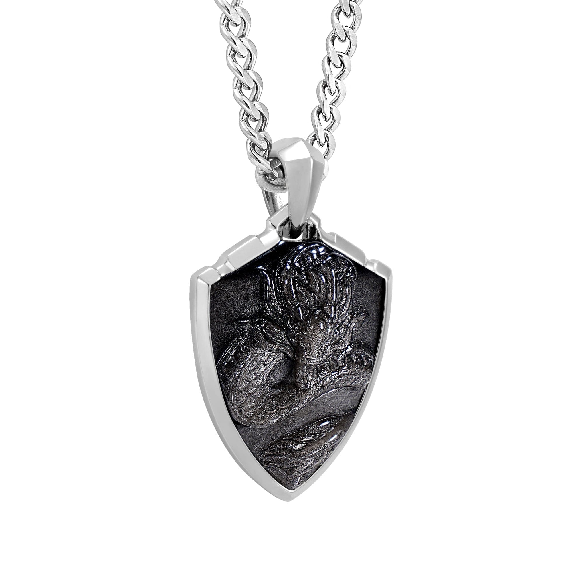Silver Obsidian Dragon Pendant Necklace Necklaces AWNL 