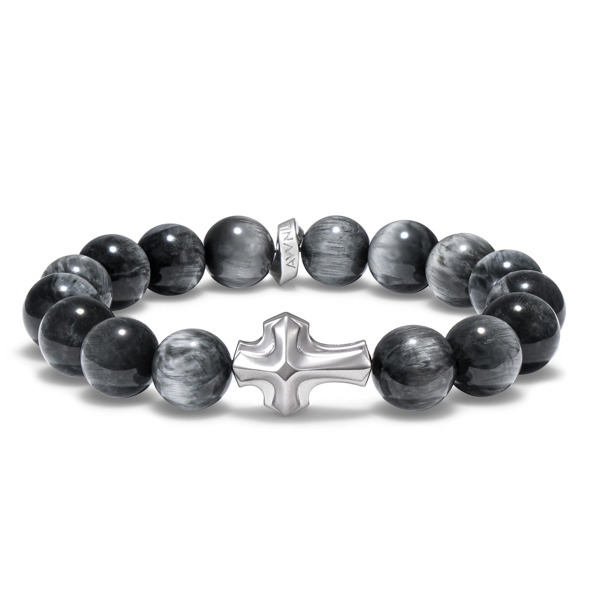 Men's Beaded Bracelet with Cross Charm and Grey Hawk Eye Bracelets WAA FASHION GROUP 