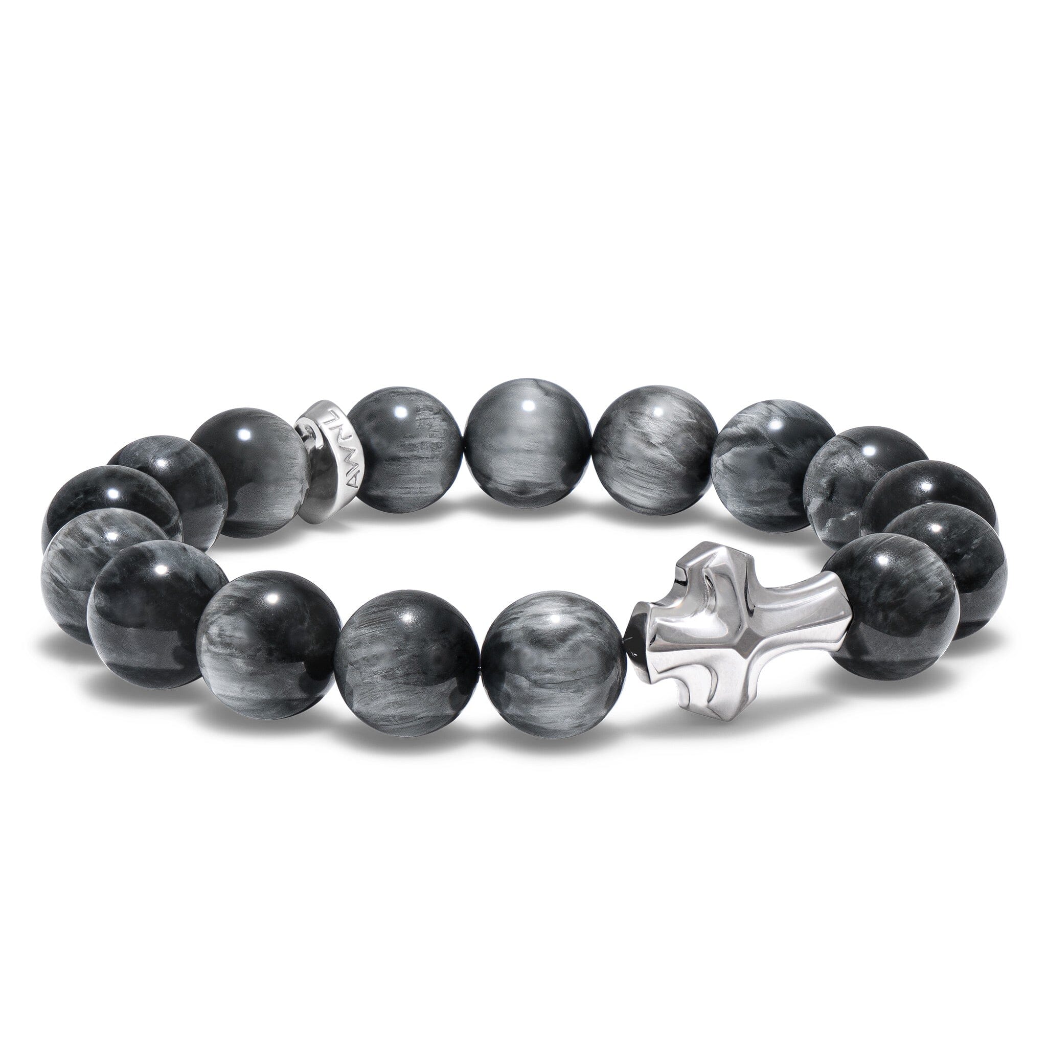 Men's Beaded Bracelet with Cross Charm and Grey Hawk Eye Bracelets WAA FASHION GROUP 