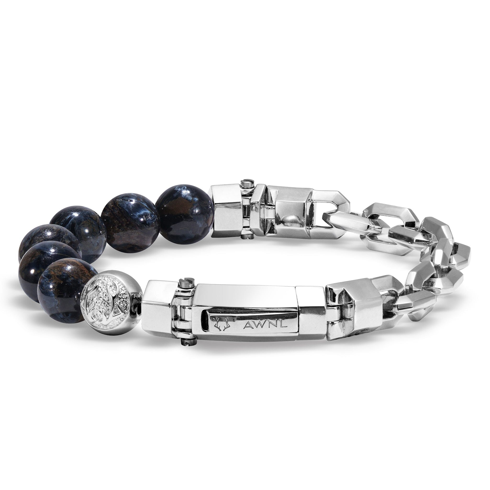 Men's Beaded Silver Chain Bracelet with Pietersite Stone Bracelets WAA FASHION GROUP 