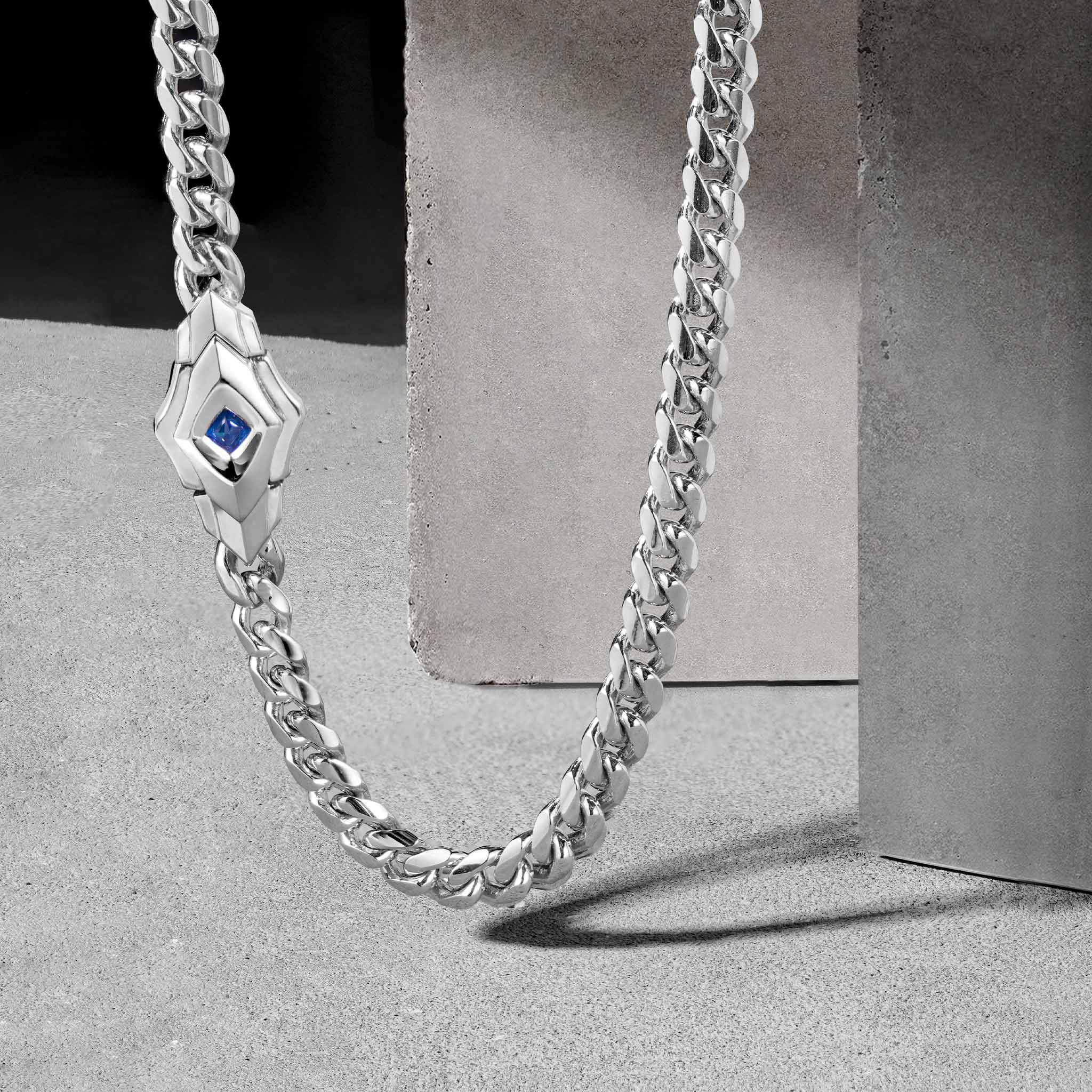 Men's Ceylon Silver Chain Necklace with Sapphire Clasp Chains WAA FASHION GROUP 