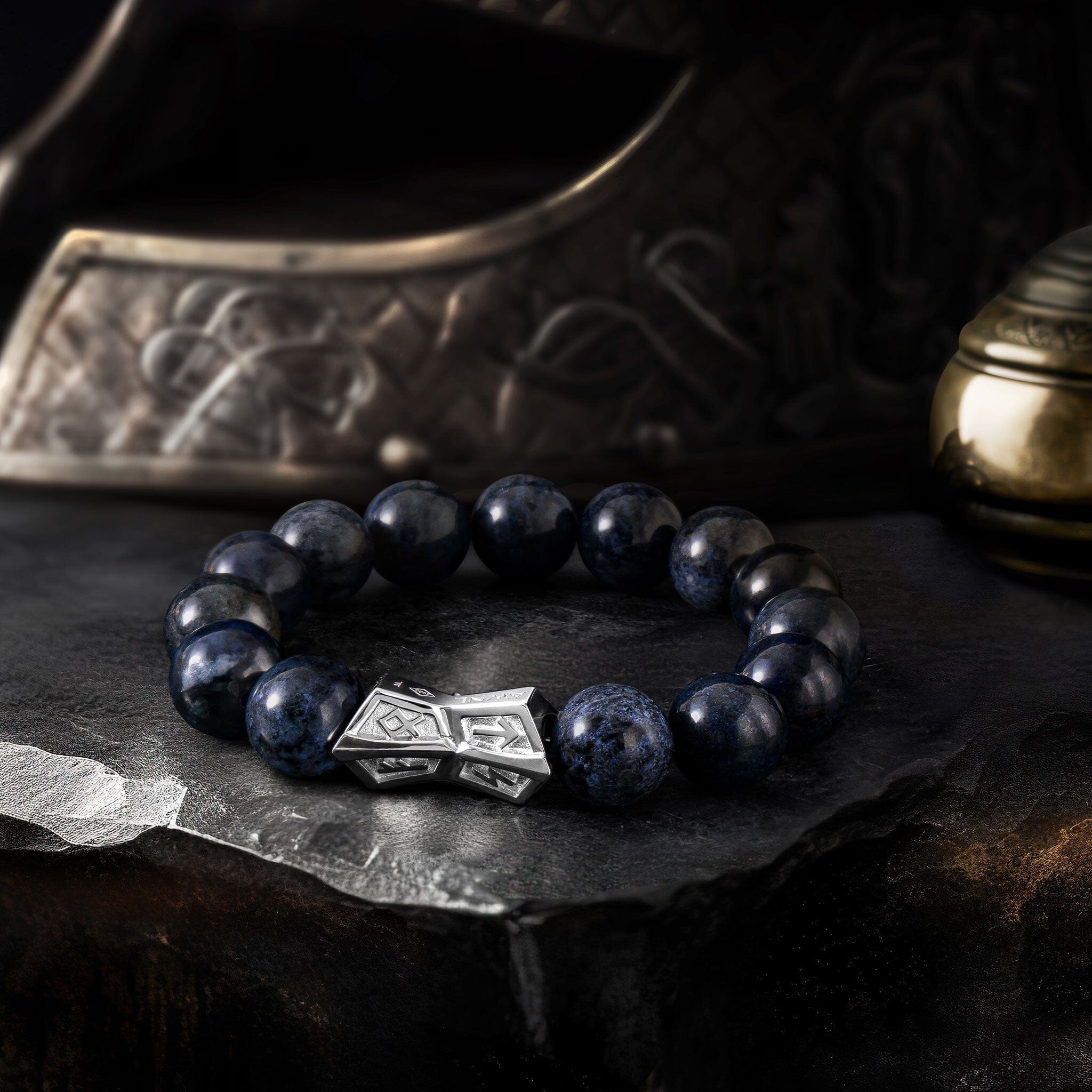 Men's Crossguard Charm Beaded Bracelet with Dumortierite and Runes Bracelets WAA FASHION GROUP 