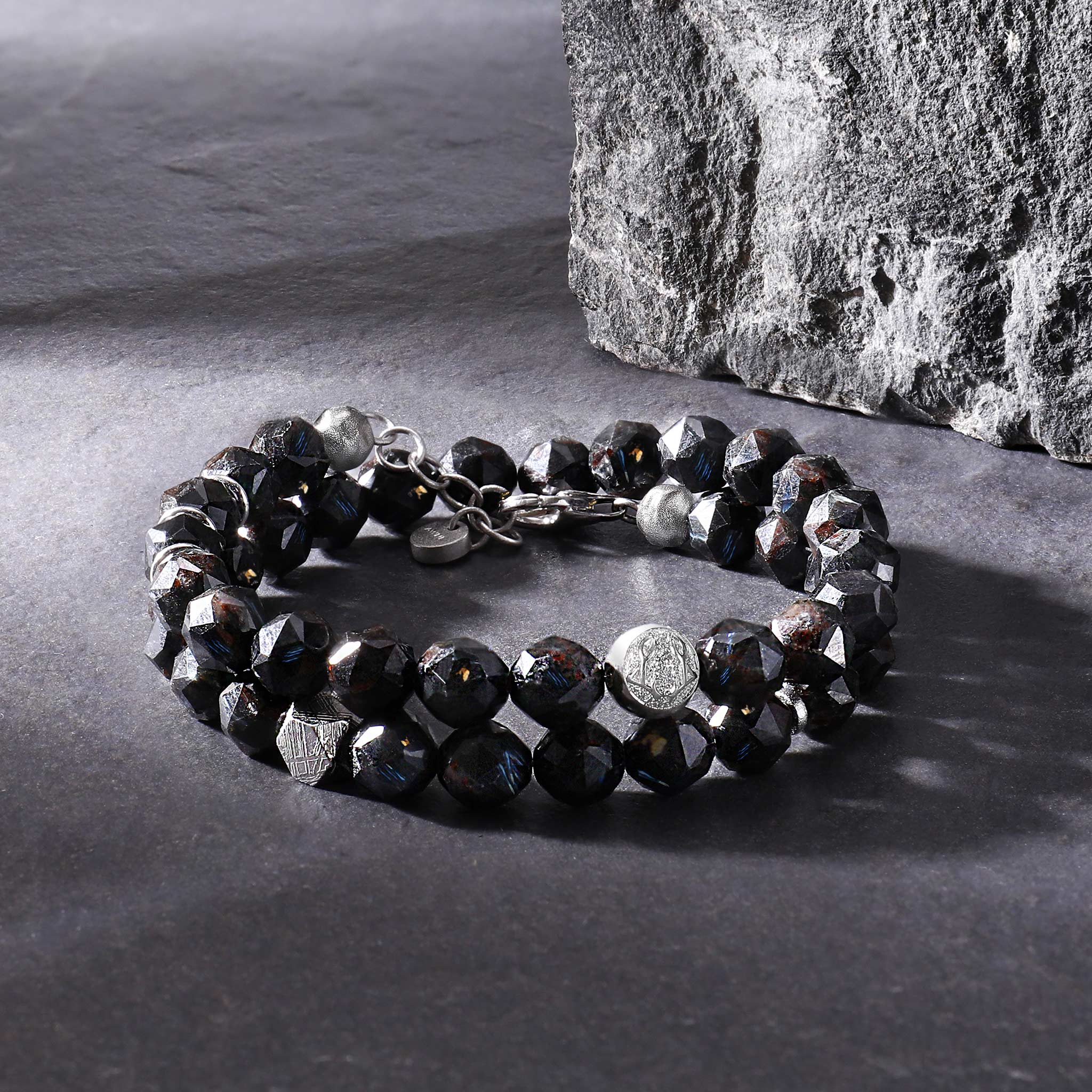 Men's Double Wrap Beaded Bracelet with Meteorite and Nuummite Bracelets WAA FASHION GROUP 