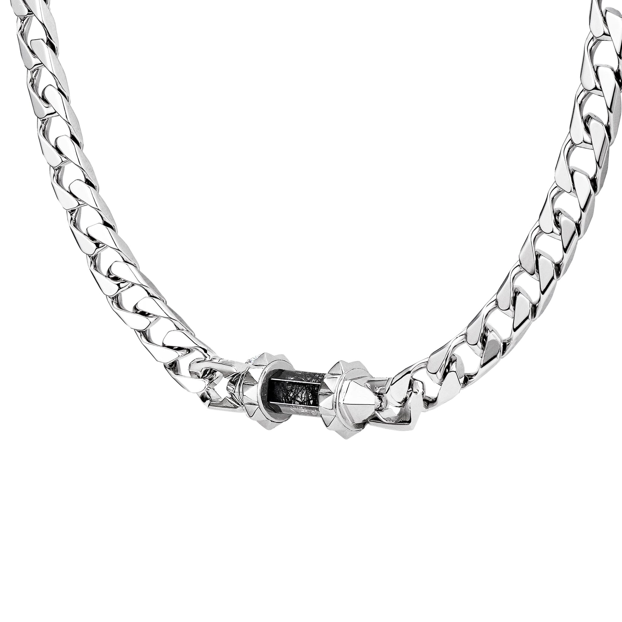 Men's Fantasy Silver Chain Necklace with Black Rutilated Quartz Necklaces WAA FASHION GROUP 