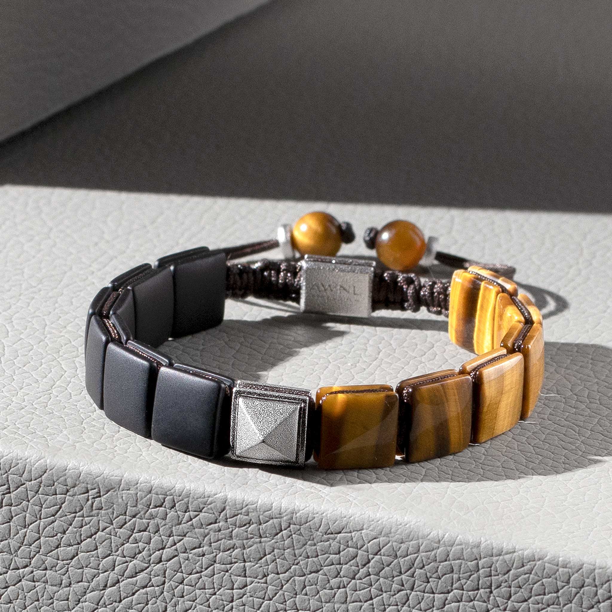 Men's Flatbead Bracelet with Tiger Eye, Onyx and Pyramid Charm Bracelets WAA FASHION GROUP 