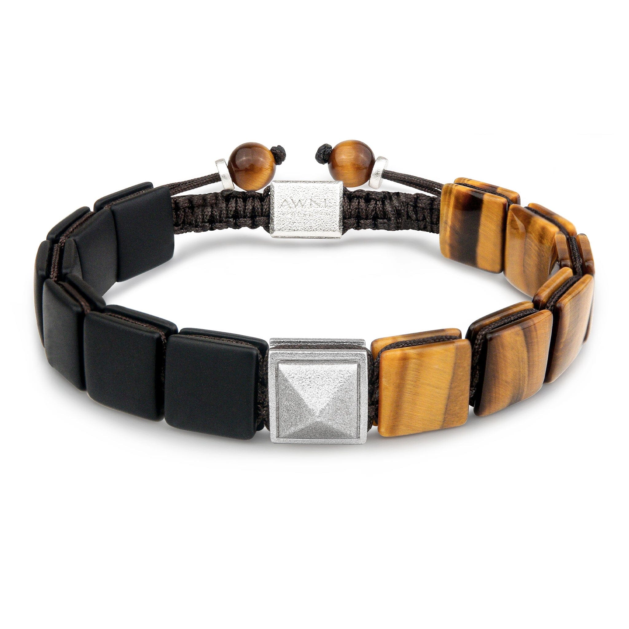 Men's Flatbead Bracelet with Tiger Eye, Onyx and Pyramid Charm Bracelets WAA FASHION GROUP 