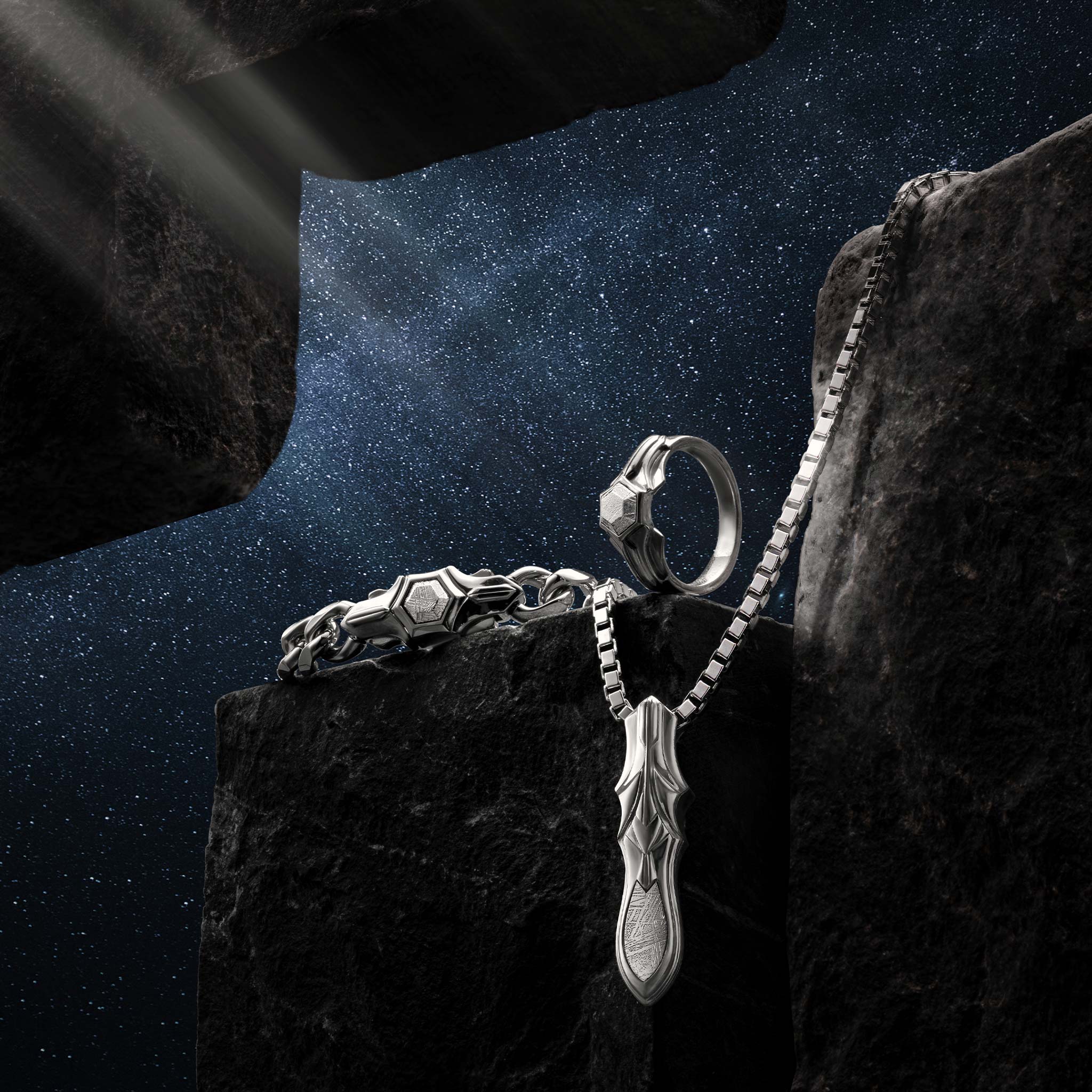Men's Silver Chain Bracelet with Hexagonal Meteorite Bracelets